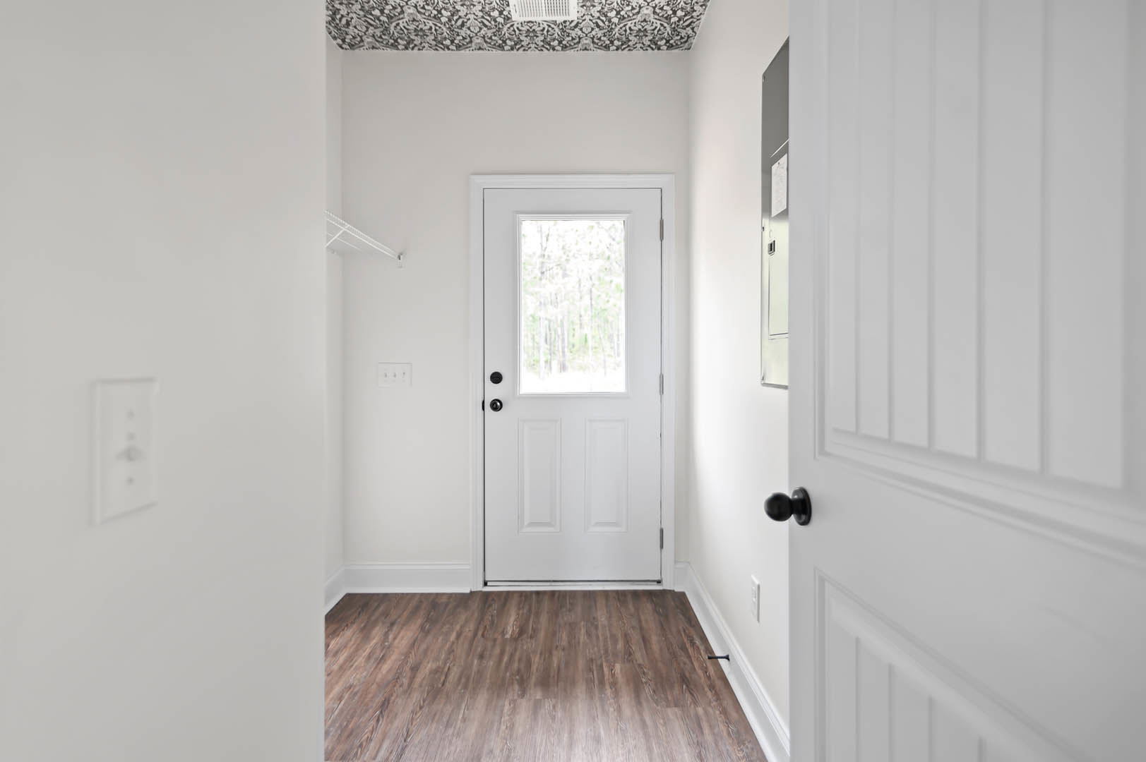 White paneled door with glass window, brushed metal door handle, wood laminate flooring, white painted walls, window showing trees outside