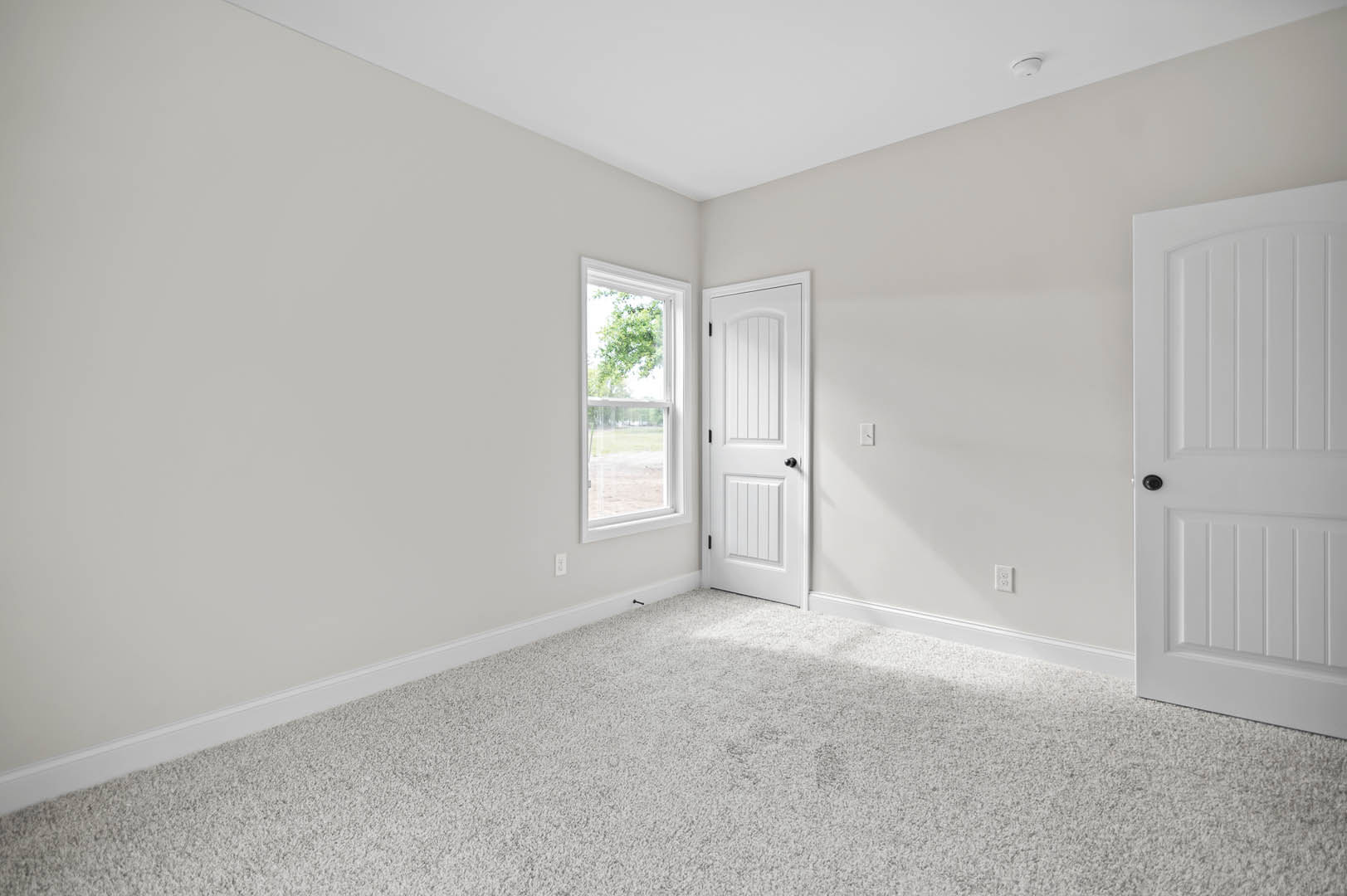 White carpeted bedroom with white walls, a closed white door, and a window overlooking a leafy tree.
