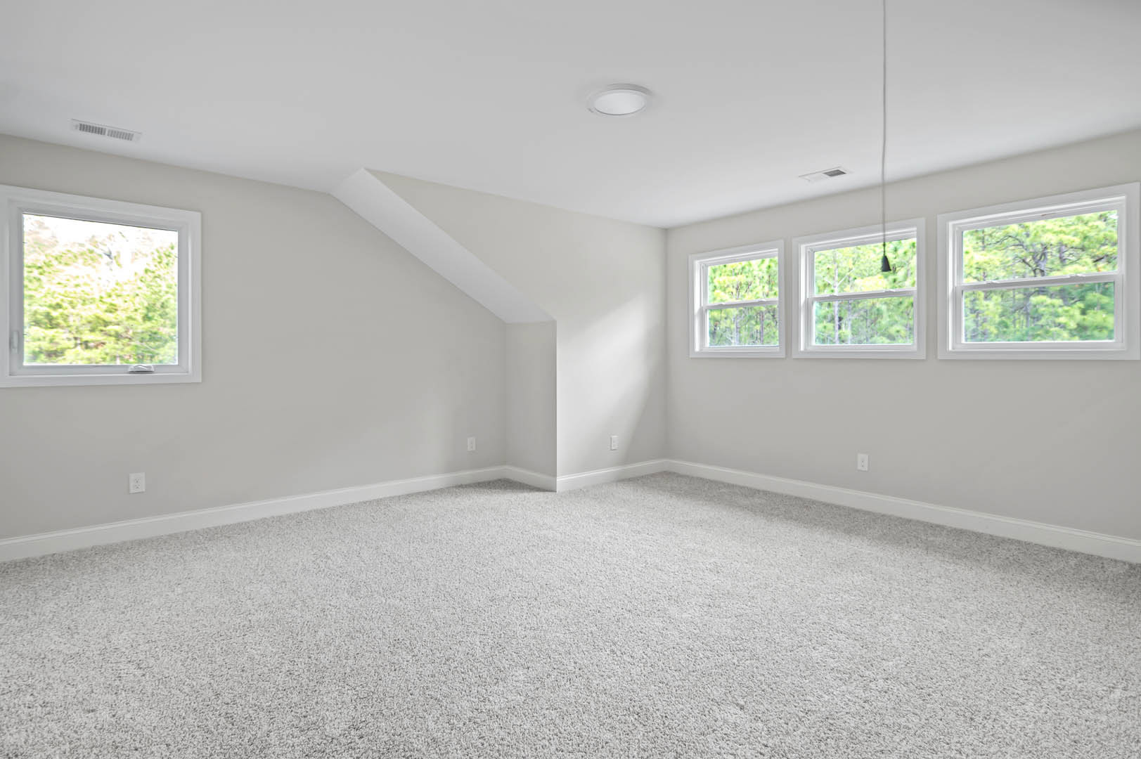 White carpeted room with large windows, white walls, and natural light streaming in; trees visible outside.