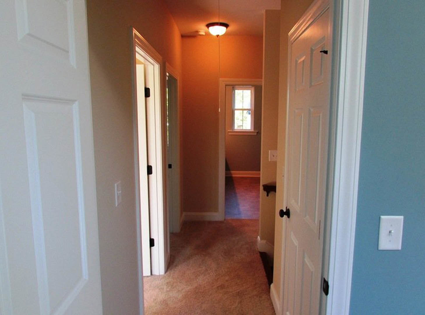 Hallway with white paneled doors, light fixture overhead, neutral walls, carpeted flooring, and window allowing natural light