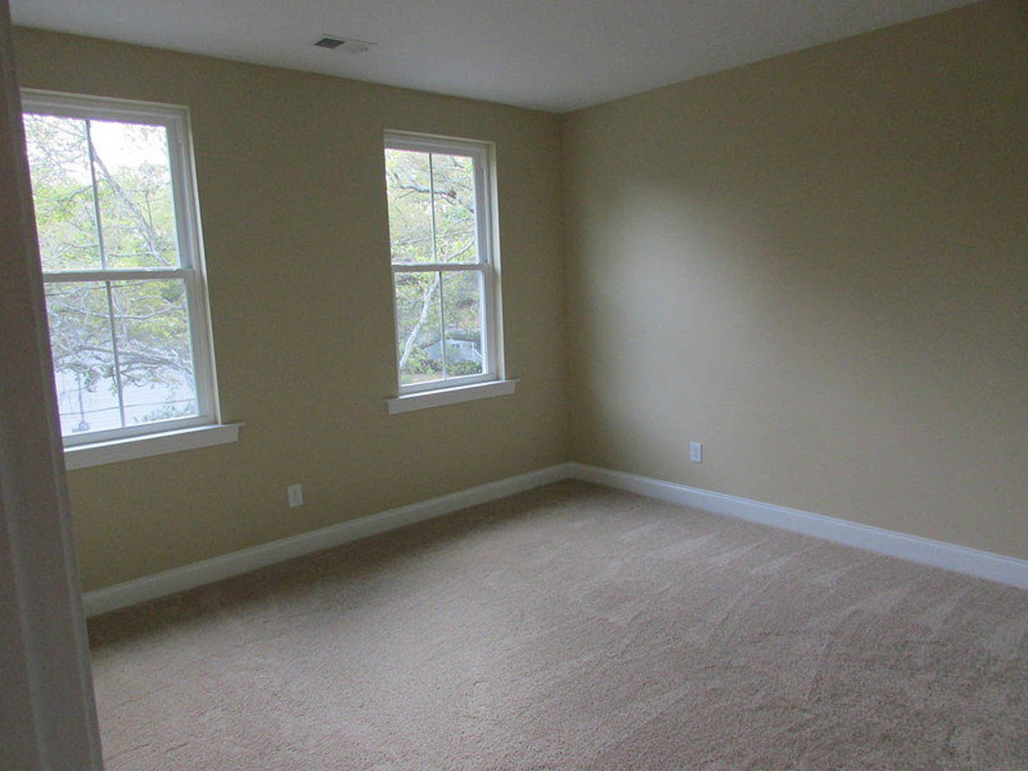 Beige carpeted room with white trim, multiple windows showing trees outside, beige walls, and wall-mounted light fixture