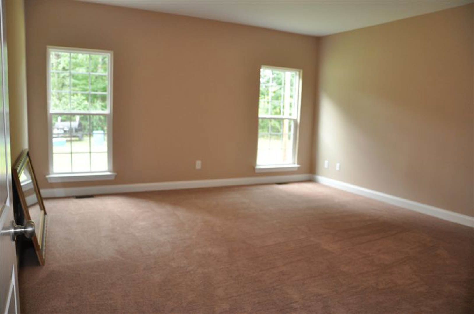 Bright room with large windows, beige carpet flooring, white plaster walls, and outdoor view of trees and grass