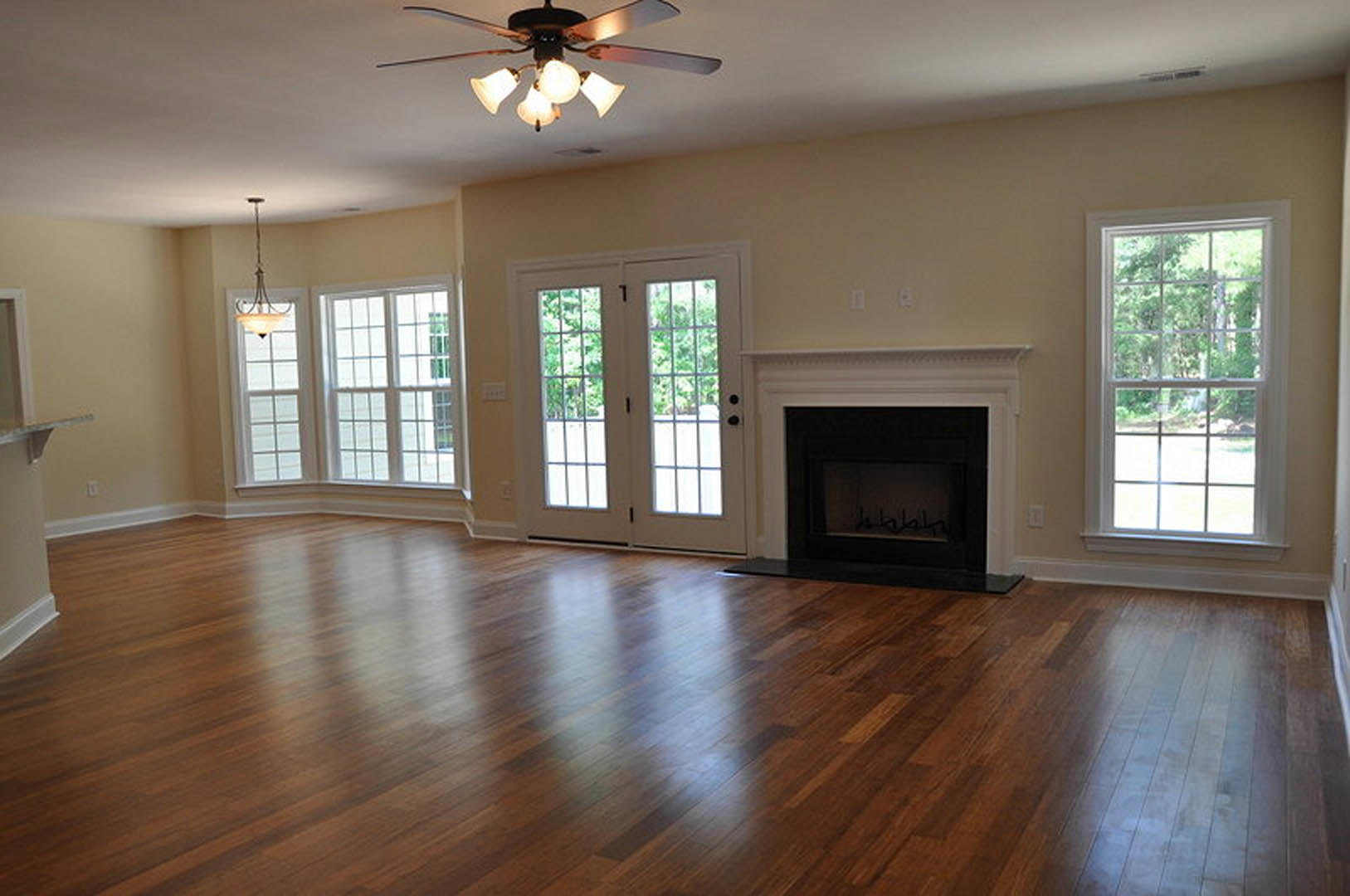 Living room with hardwood floors, central fireplace with glass window, multi-pane windows, ceiling fan with light fixture, and double glass-paneled doors