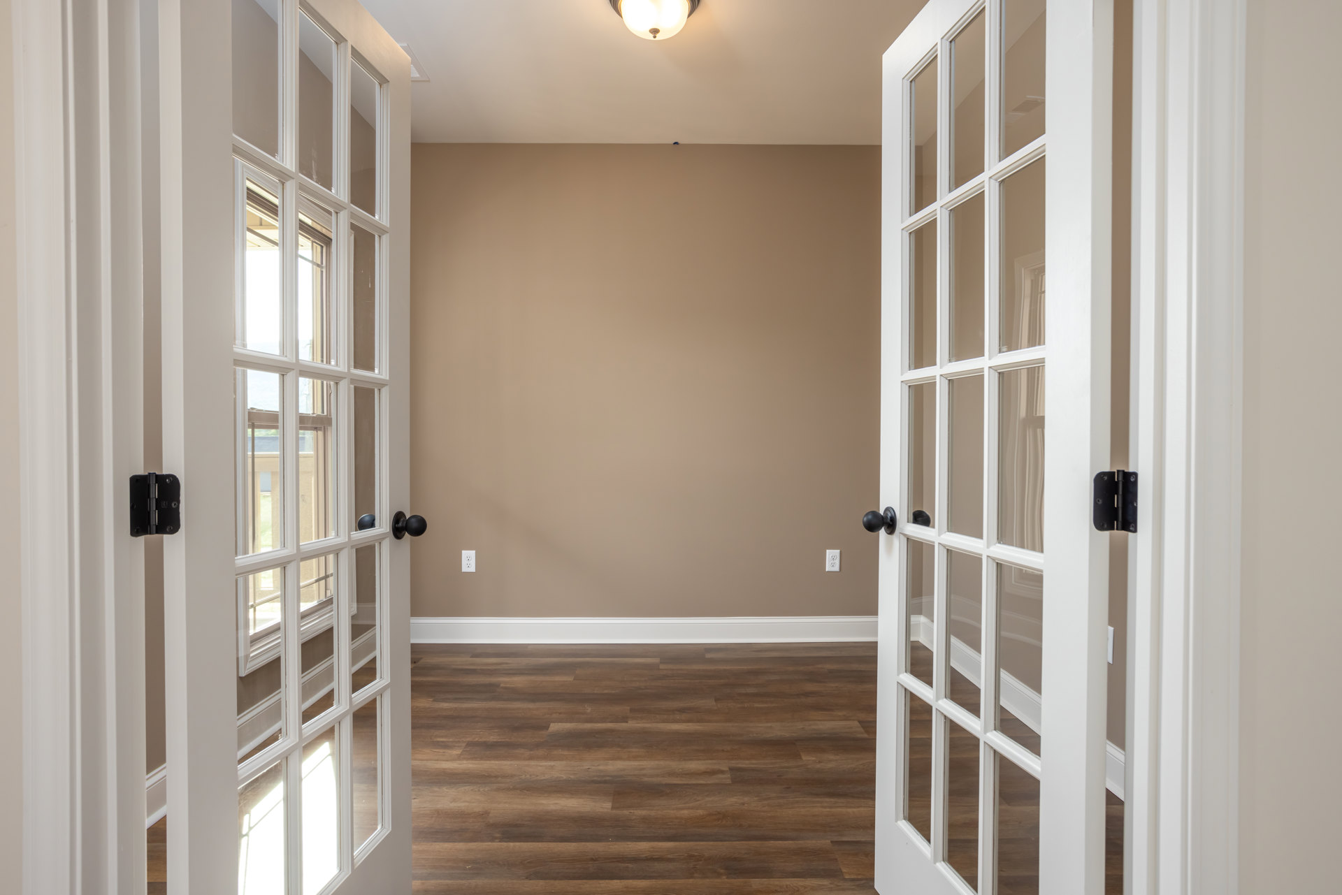 White paneled doors with glass panes, wood plank flooring, white walls with base molding, black door hinges, ceiling-mounted light fixture