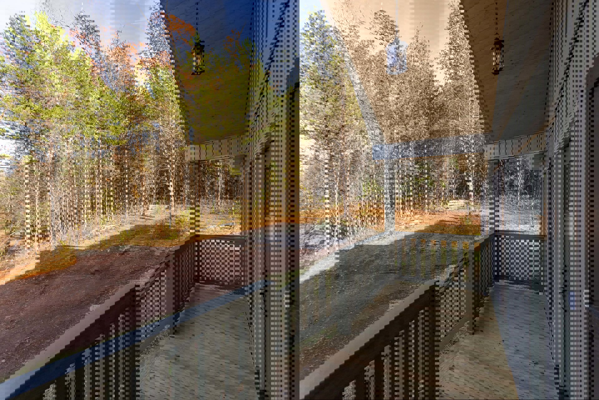 Wooden deck with horizontal railing, overhead ceiling lamp, trees and dirt ground in the background