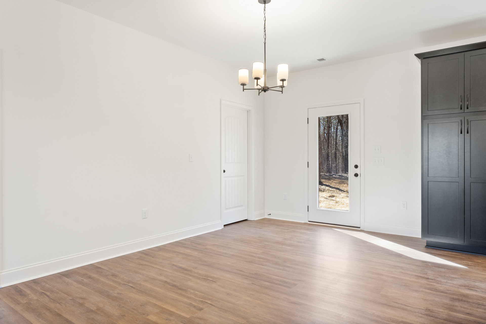 White walls and wood laminate flooring in a room with a white door featuring a black handle, cabinet close-up, and forest view through the doorway