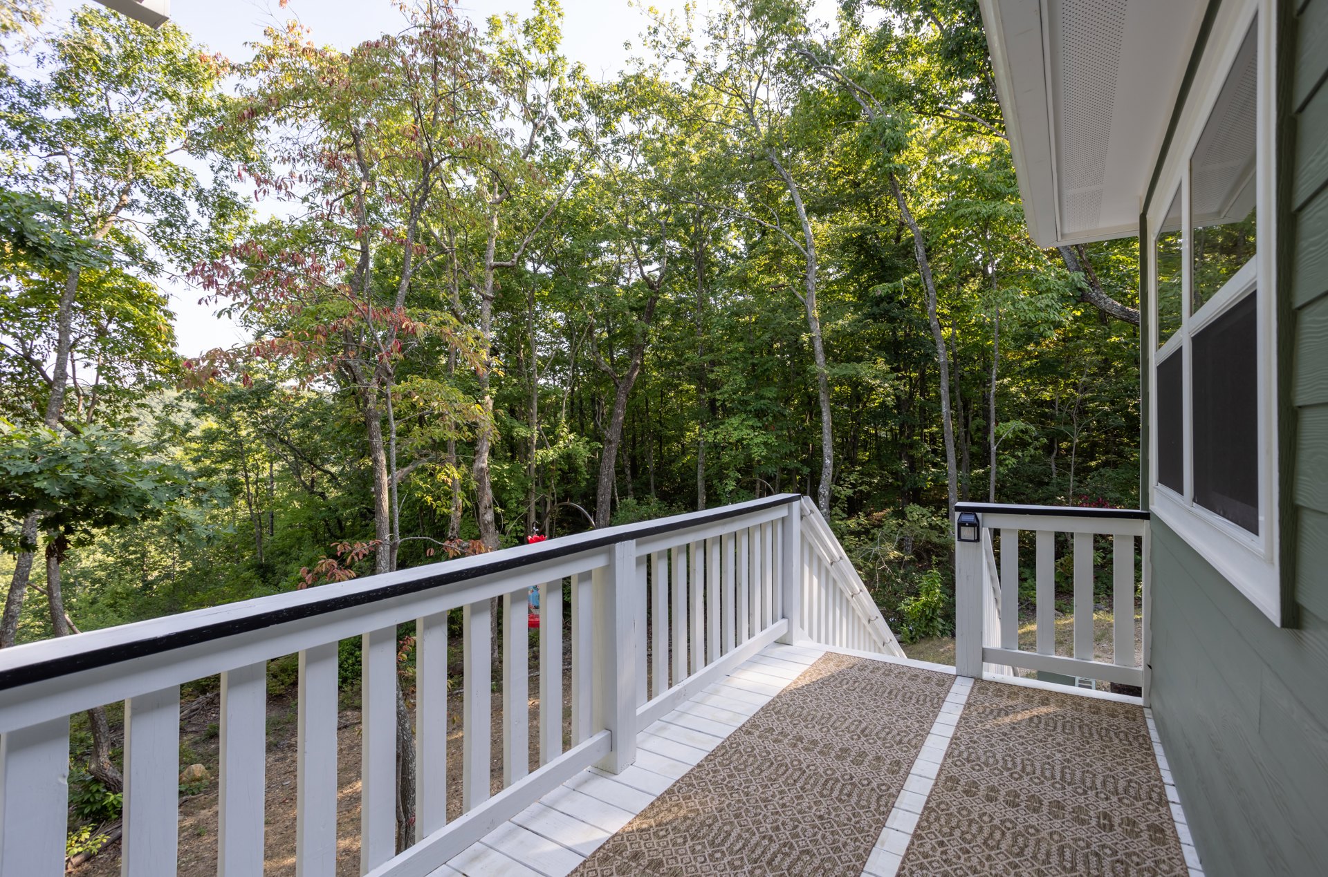 White deck railing with balusters, outdoor rug, and surrounding trees in the background