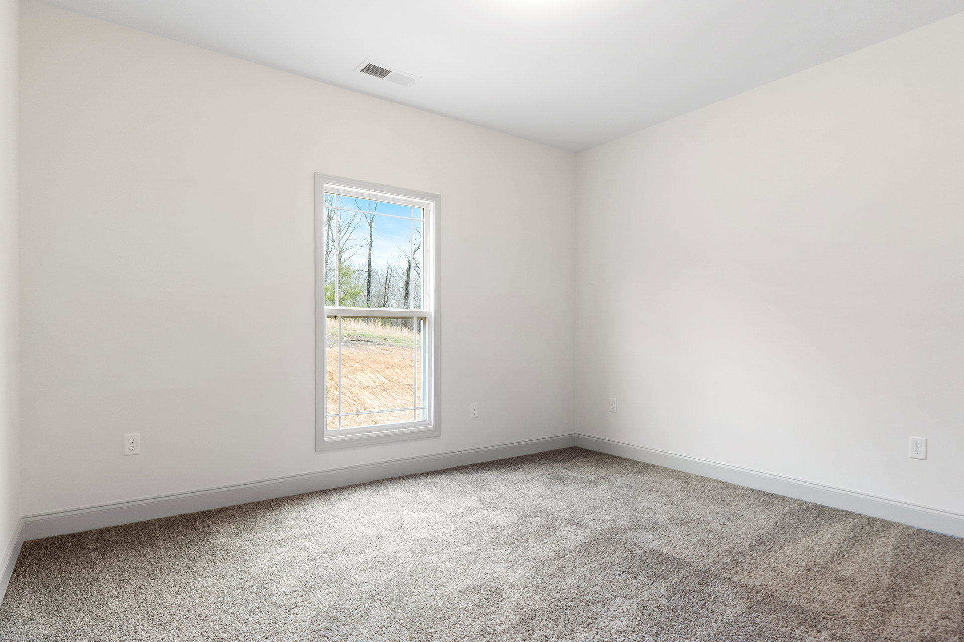 Bright room with white walls, large window overlooking trees and field, plush beige carpet flooring, ceiling vent visible