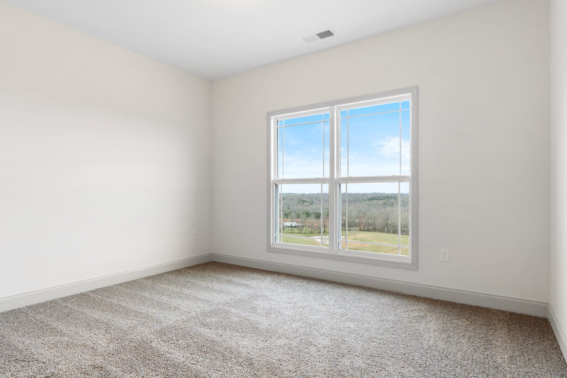 Neutral-toned carpeted room with white walls, large window overlooking snowy field and trees, ceiling vent visible