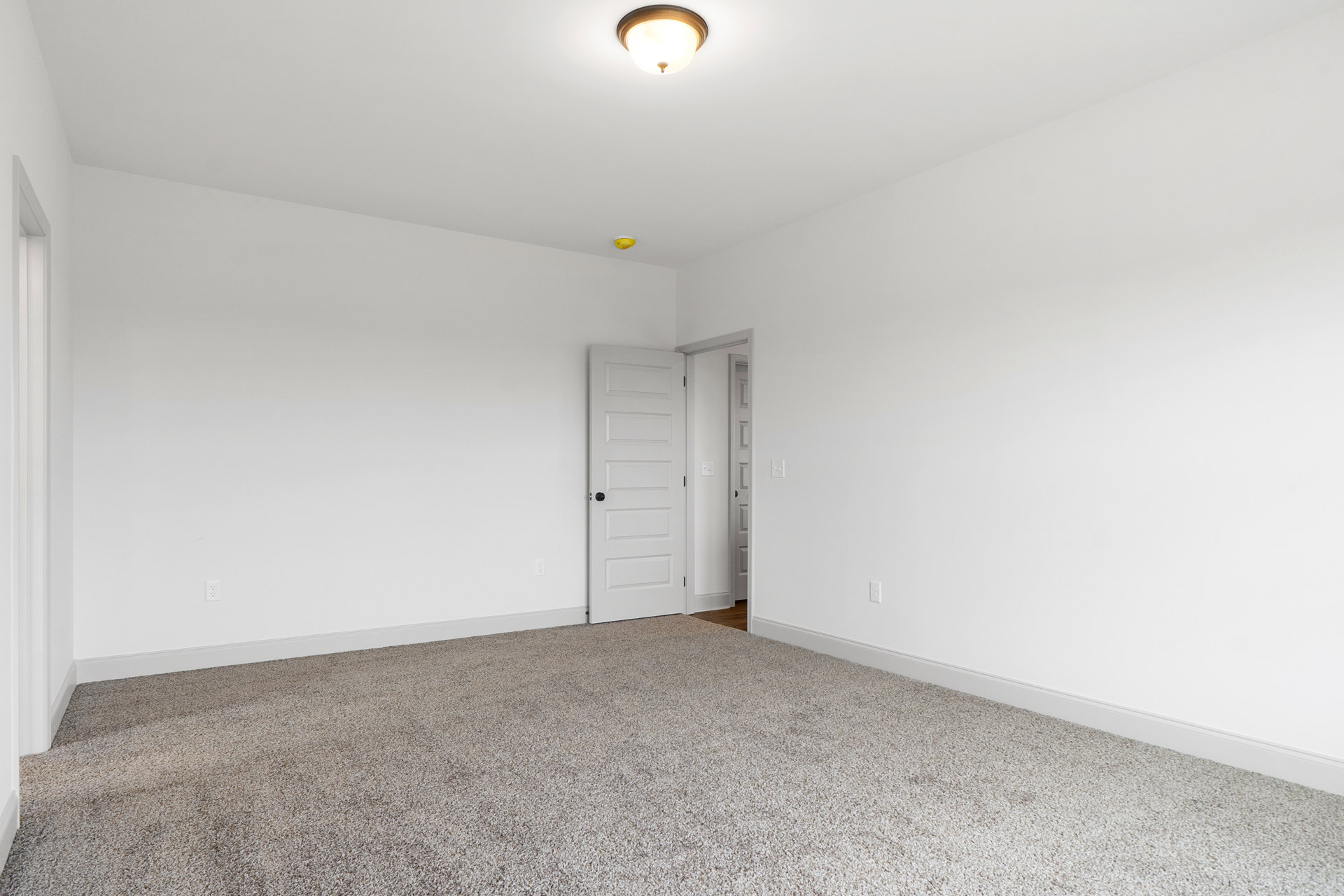 White paneled door with black knob opens into carpeted room with white walls and ceiling-mounted light fixture