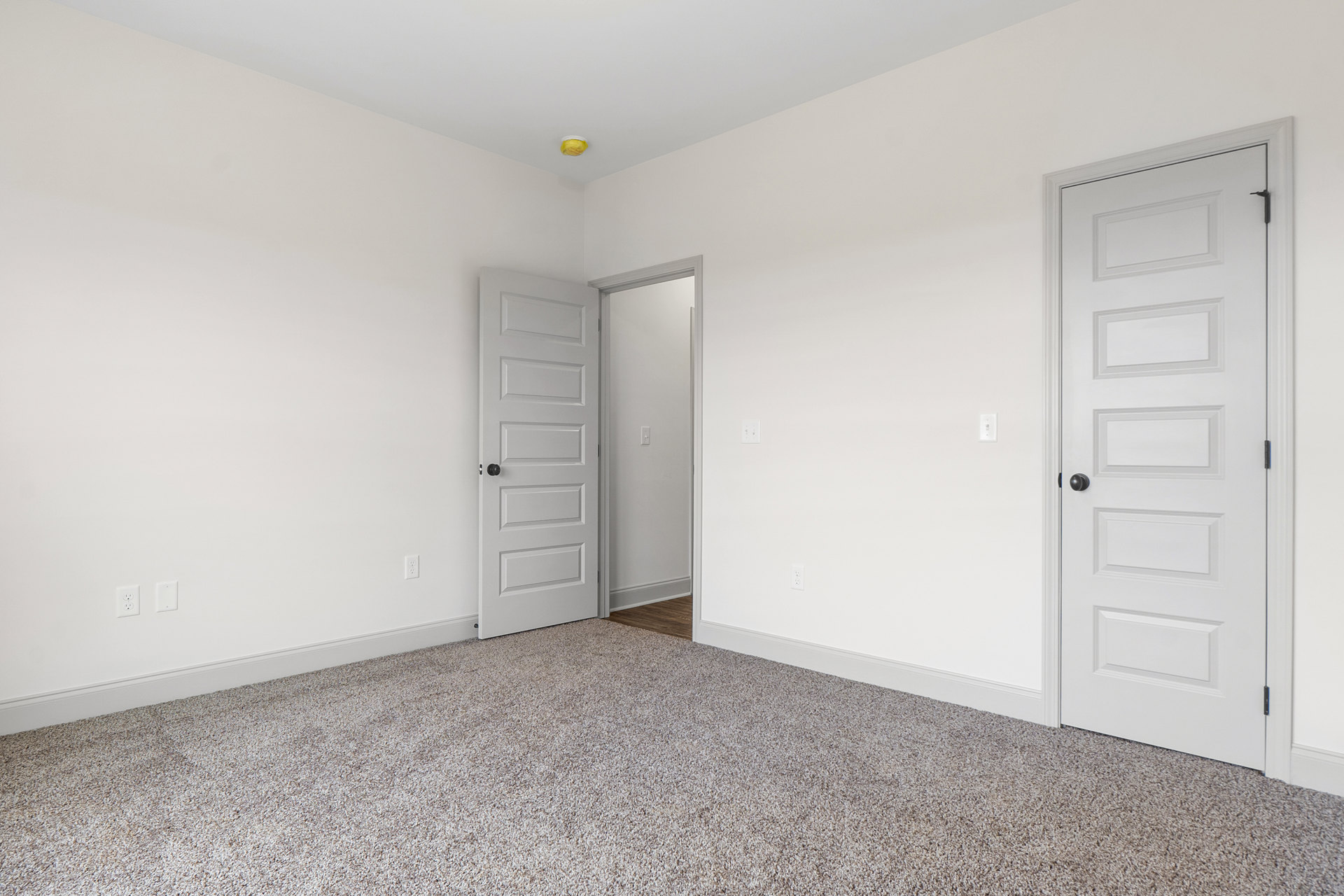 Carpeted room with white walls, two white doors featuring black knobs, and a light switch on the wall