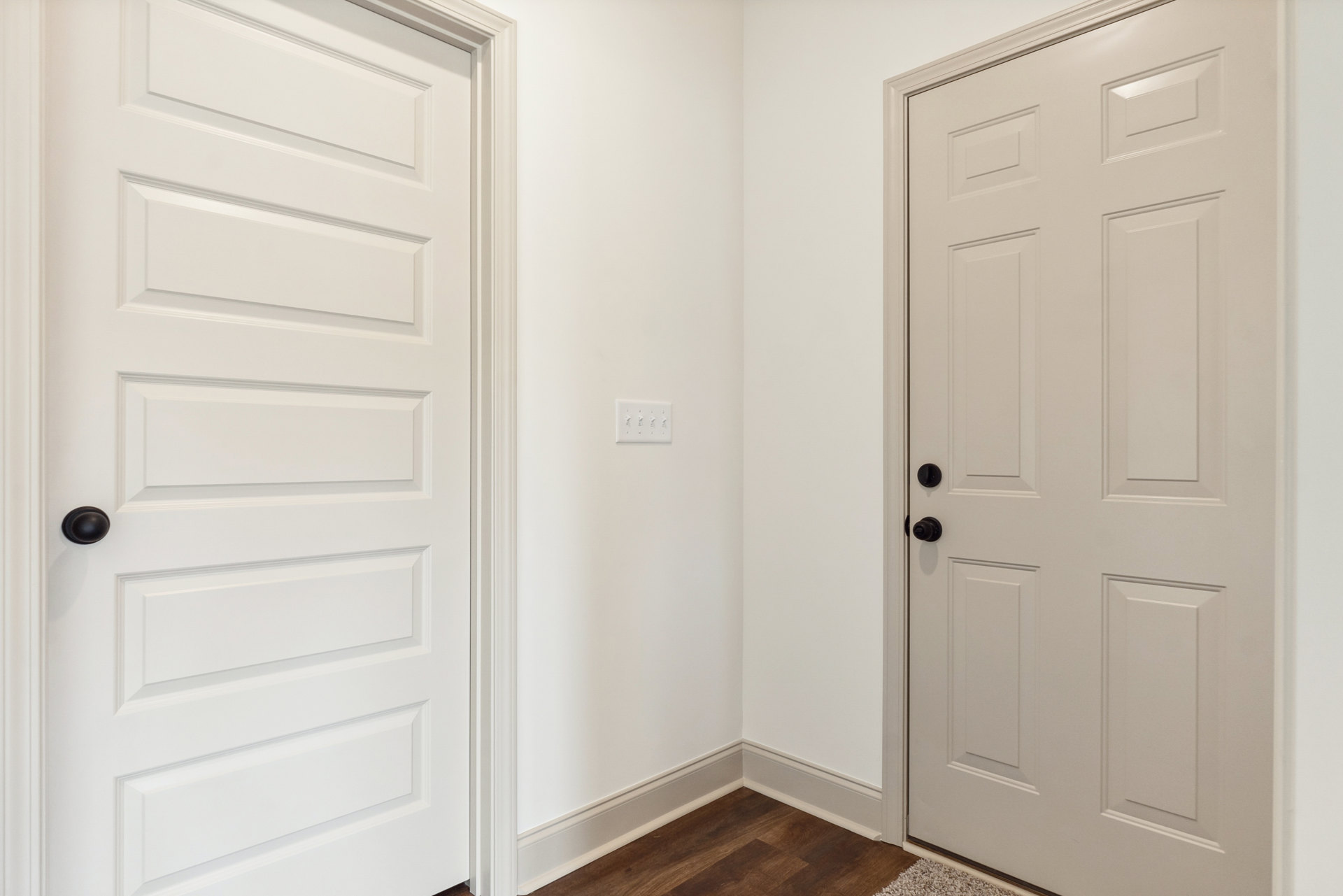 White paneled door with black handle, brown textured rug on light wood floor, white walls, and nearby light switch.