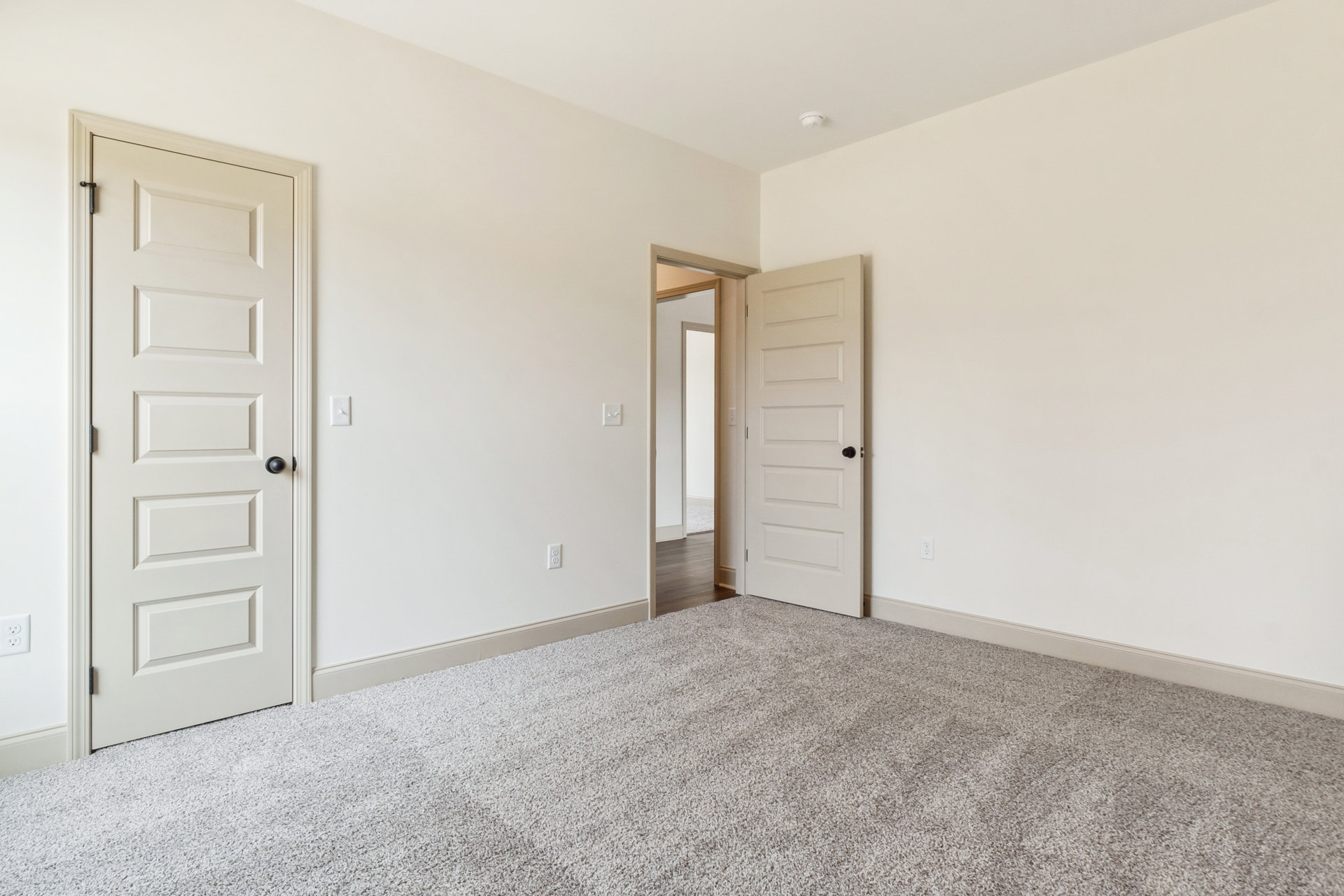 Open white door with black knob leading into carpeted room, white walls and ceiling visible