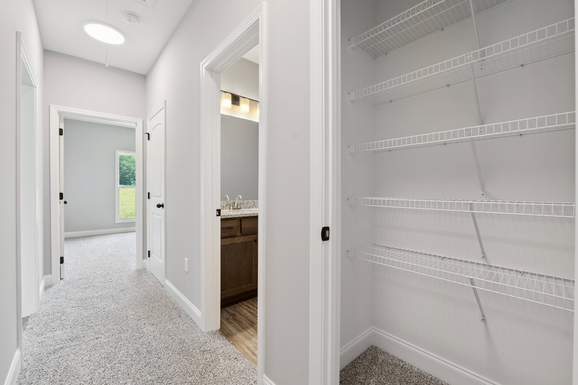 White walls with built-in shelves, a stainless steel sink, recessed ceiling light, white closet shelving, wooden cabinet detail, carpeted floor with white base trim, and a white