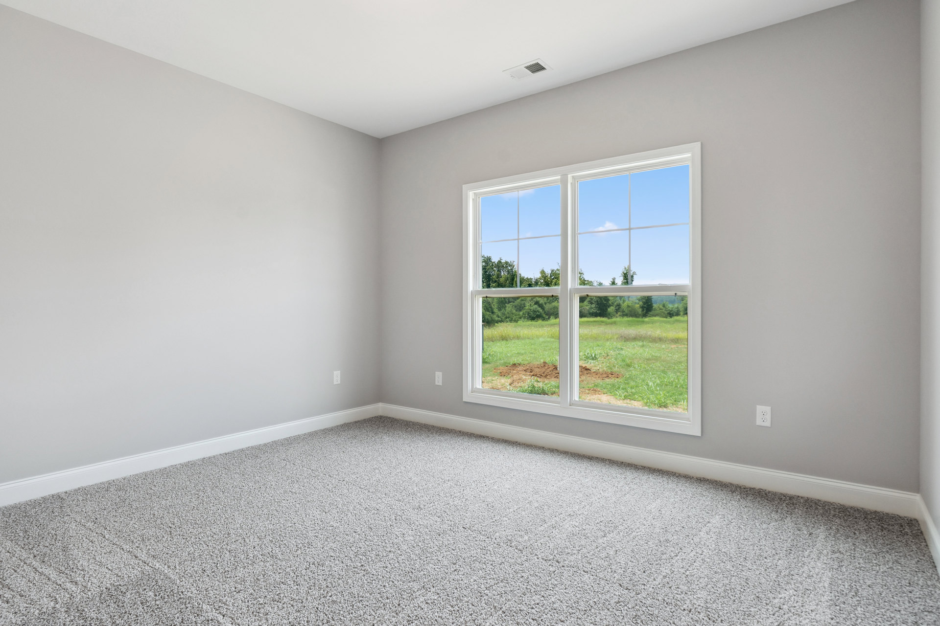 Bright room with white carpet, large window overlooking grass and trees, smooth plaster walls