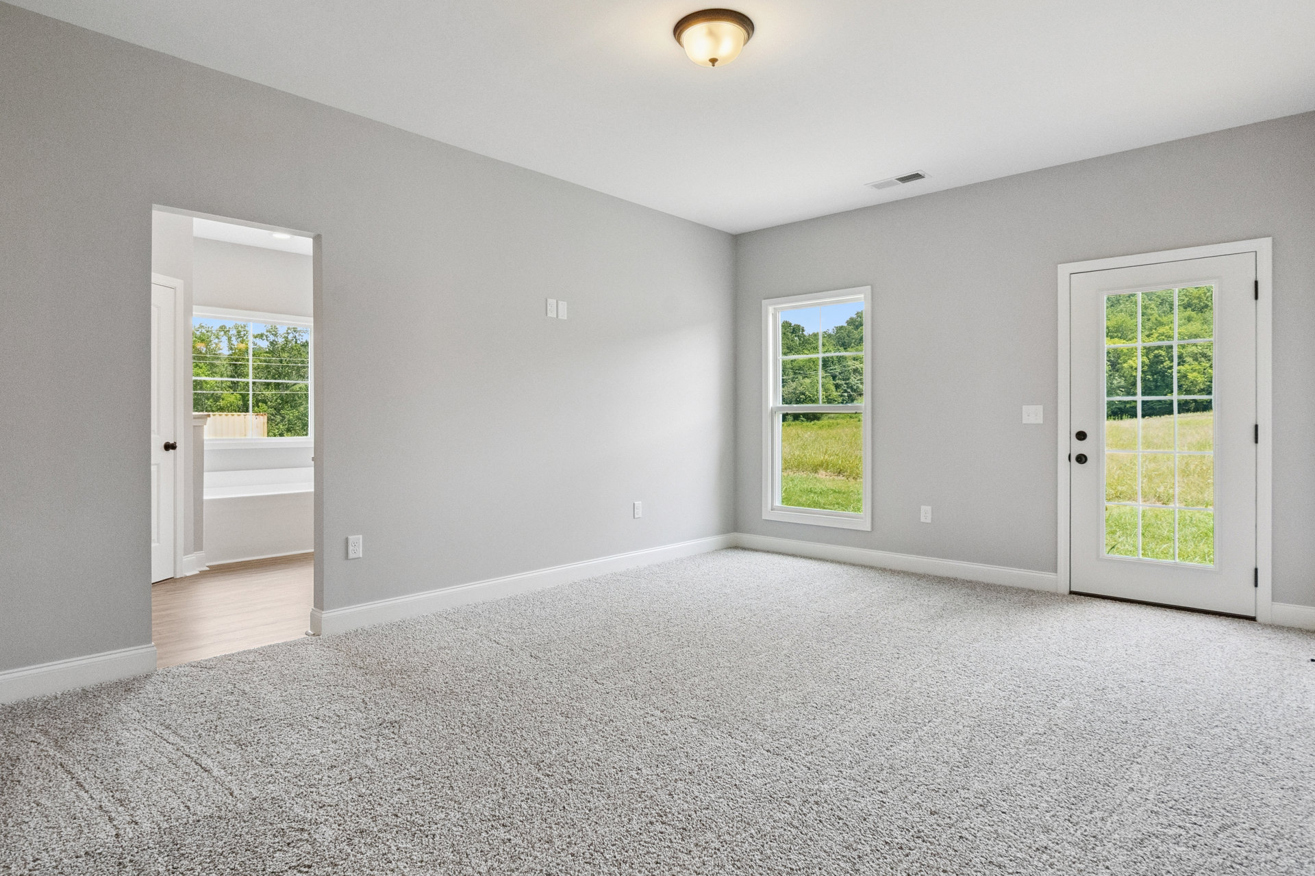 Bright room with white carpet, white plaster walls, ceiling-mounted light fixture, door and windows overlooking grassy field and trees