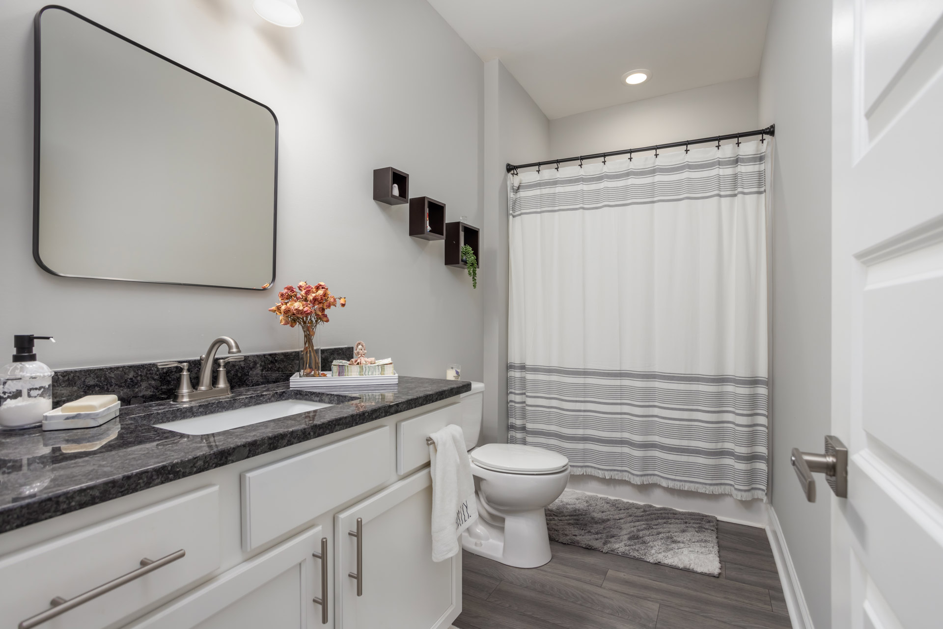 Bathroom with white and grey striped shower curtain, wall-mounted mirror above sink, soap dispenser and vase with dried roses on countertop, white toilet with closed seat, light
