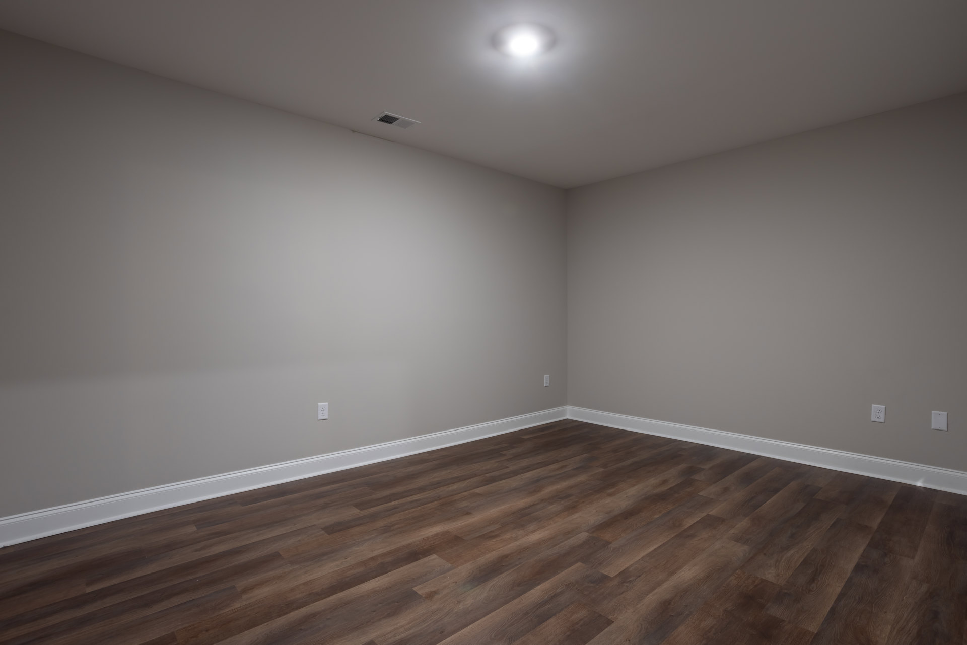 Wood floor with dark grain, white baseboards, plaster walls, and a round ceiling light fixture