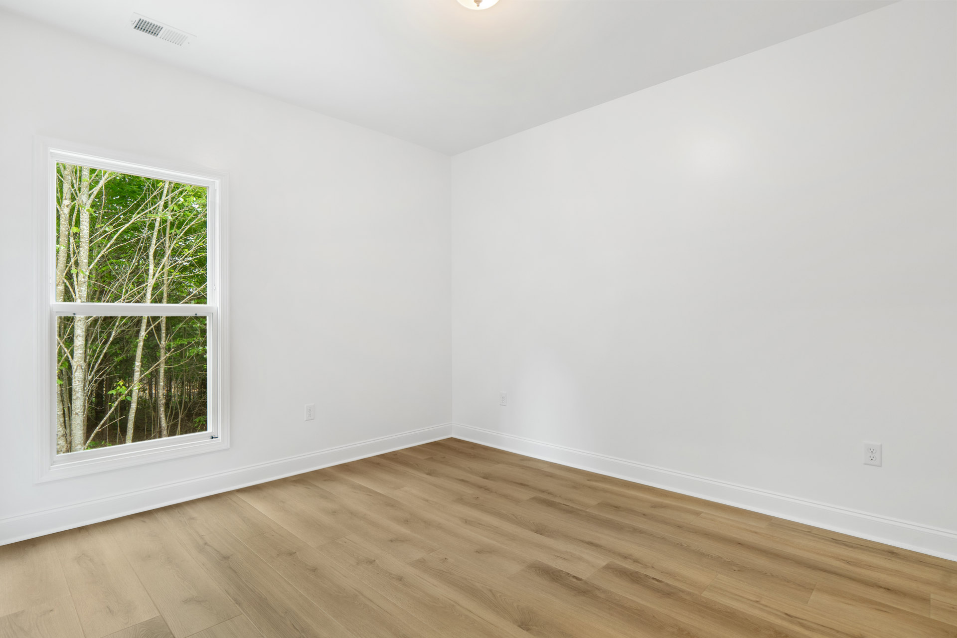 Sunlit room with white plaster walls, large window overlooking leafy trees, and polished wood flooring with a metal floor vent