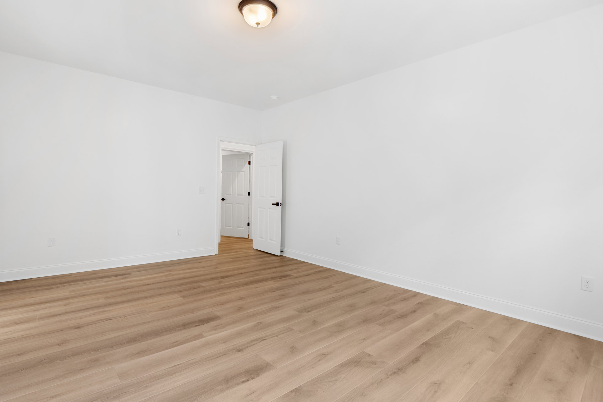 White paneled door with black handle set in a plaster wall, hardwood floor with natural wood grain, ceiling-mounted light fixture