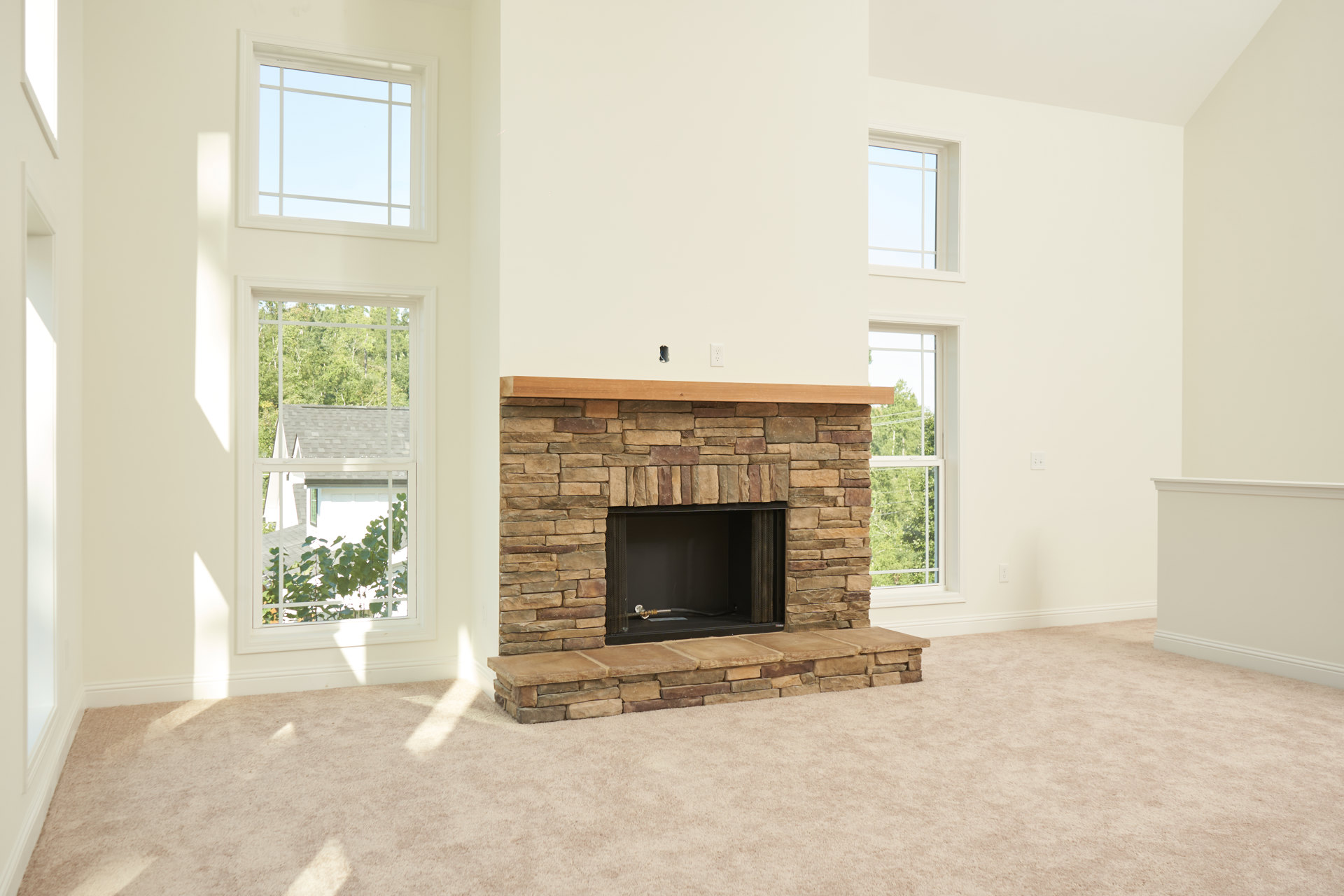 Stone ledge fireplace with metal frame and fire screen, tan carpet flooring, white-framed window overlooking trees