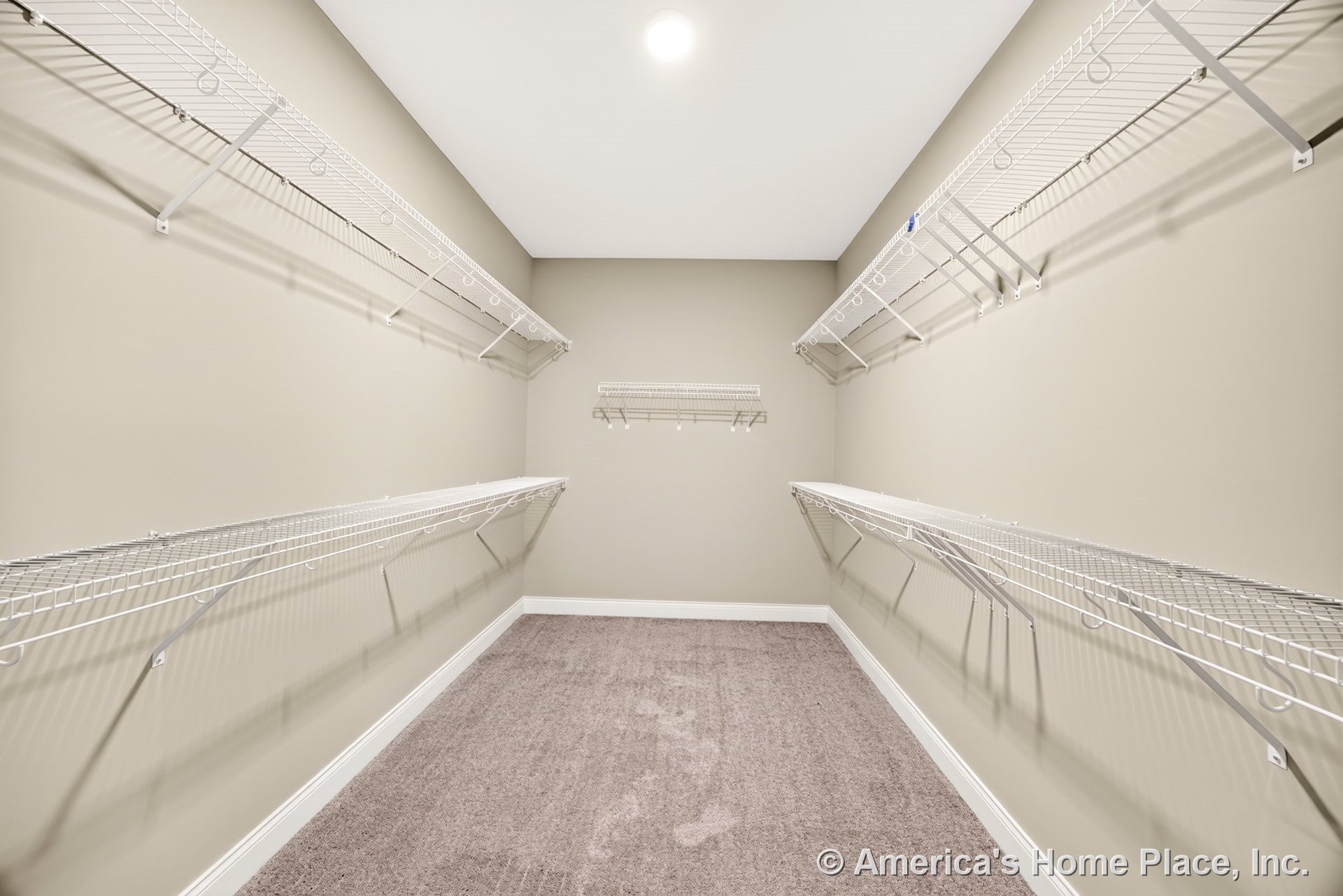 Walk-in closet with built-in white wire shelving, beige carpet flooring, recessed ceiling light, neutral walls, and baseboard trim in a spacious layout.