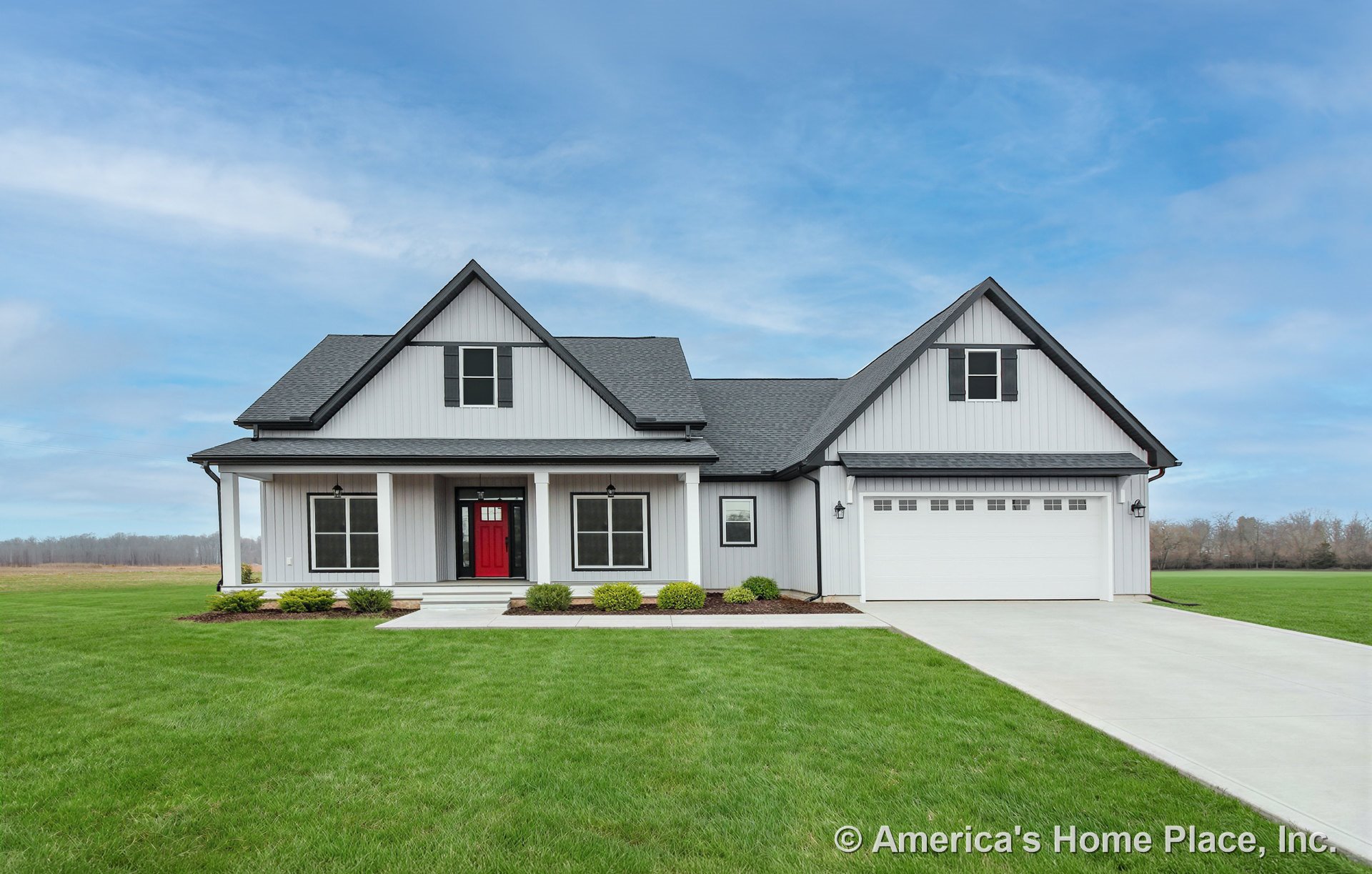 Covered front porch with white columns, white board and batten siding, black roof shingles, attached two-car garage, prominent red entry door, black window shutters, exterior