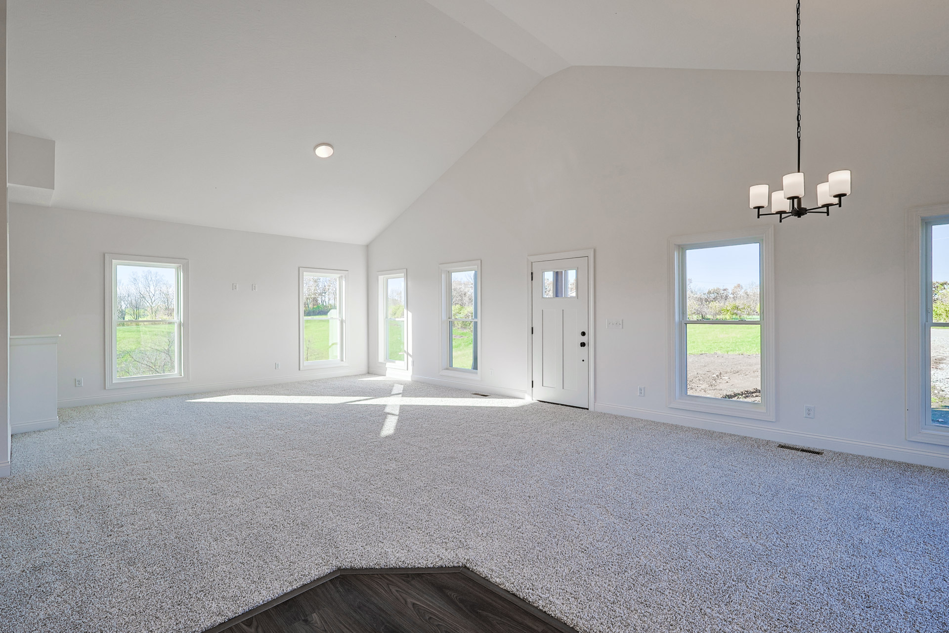 Bright room with white plaster walls, multiple windows showing trees and grassy field, white door with glass panel, modern chandelier, and light-colored carpet flooring