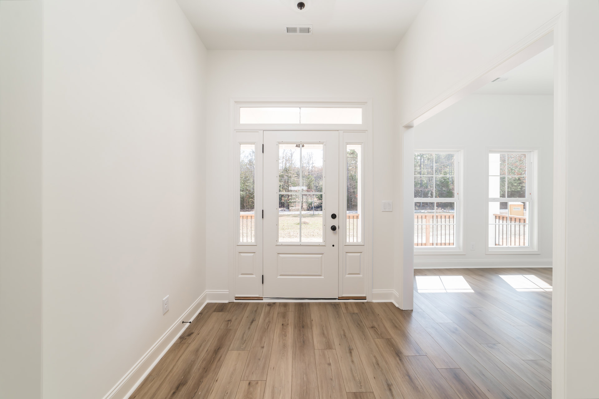 White walls, wood plank flooring, white door with glass panes, ceiling light fixture, window showing green trees outside