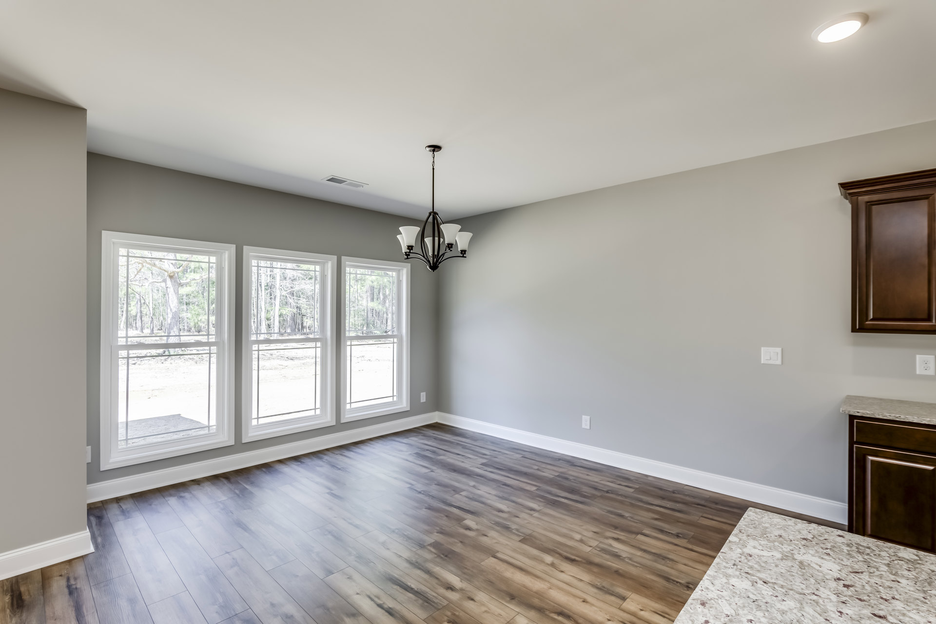 Wood floor with white trim, brown door, chandelier with white shades, row of windows overlooking trees