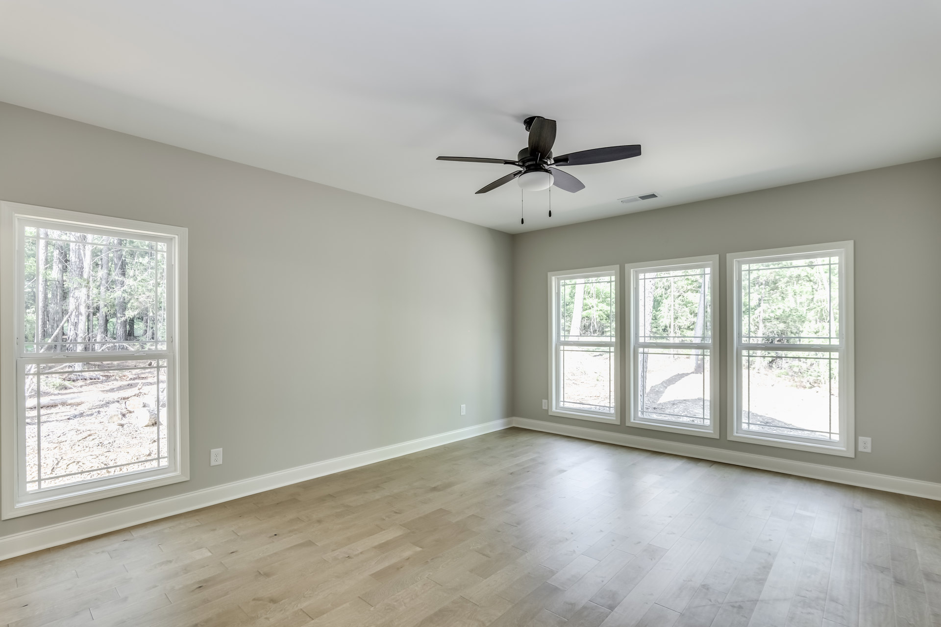 Ceiling fan with light fixture above hardwood floor, multiple windows along wall with views of wooded landscape, white plaster walls and ceiling