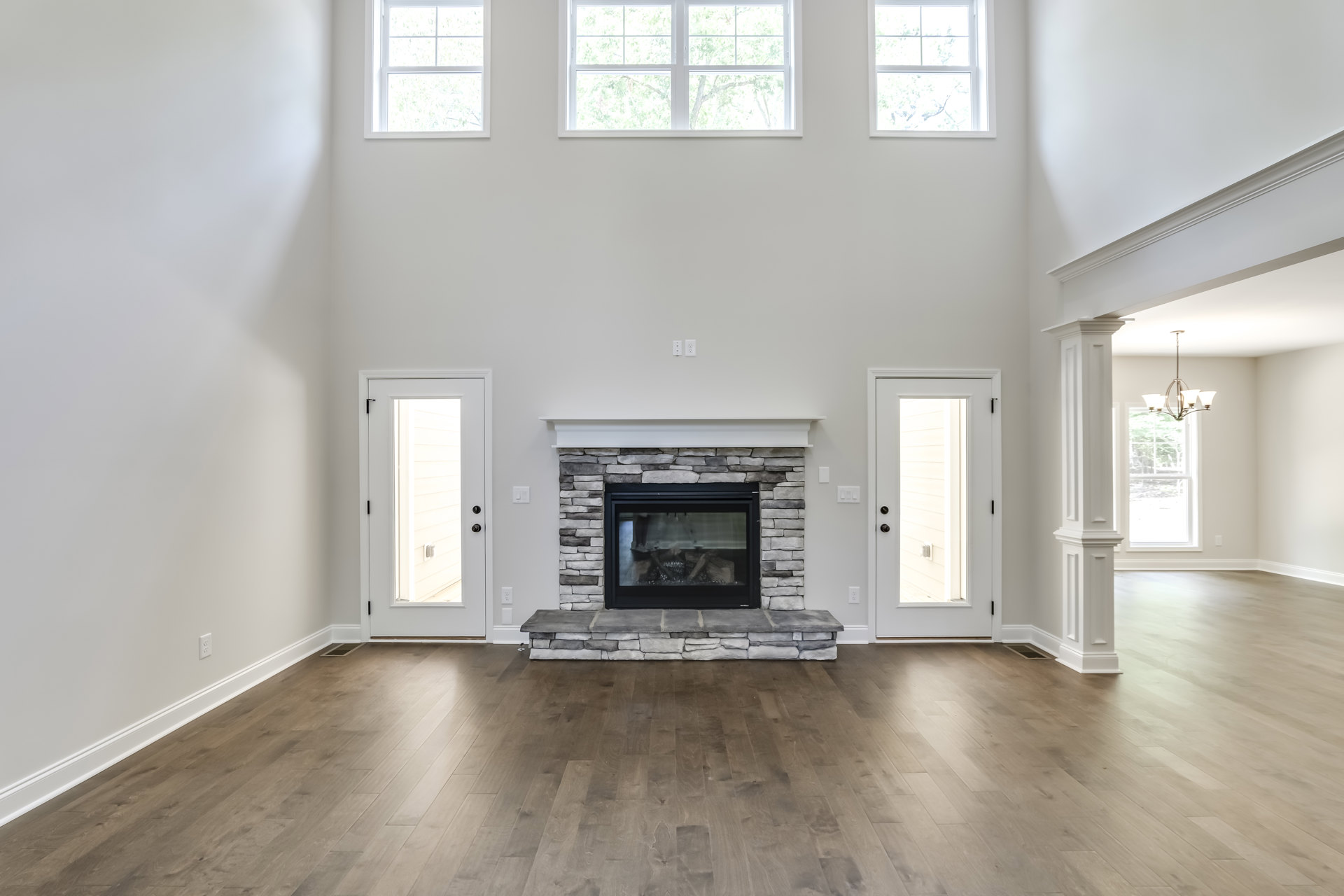 Living room with wood flooring, plaster walls, central fireplace with glass doors, white door and window revealing trees outside, natural light streaming through doorway.