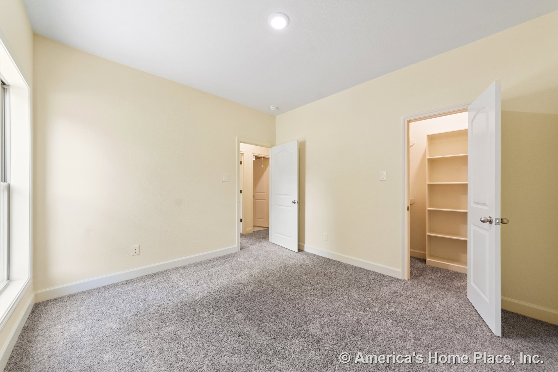 Carpeted bedroom with large window, walk-in closet featuring built-in shelving, recessed ceiling light, white doors, baseboard trim, and neutral walls.