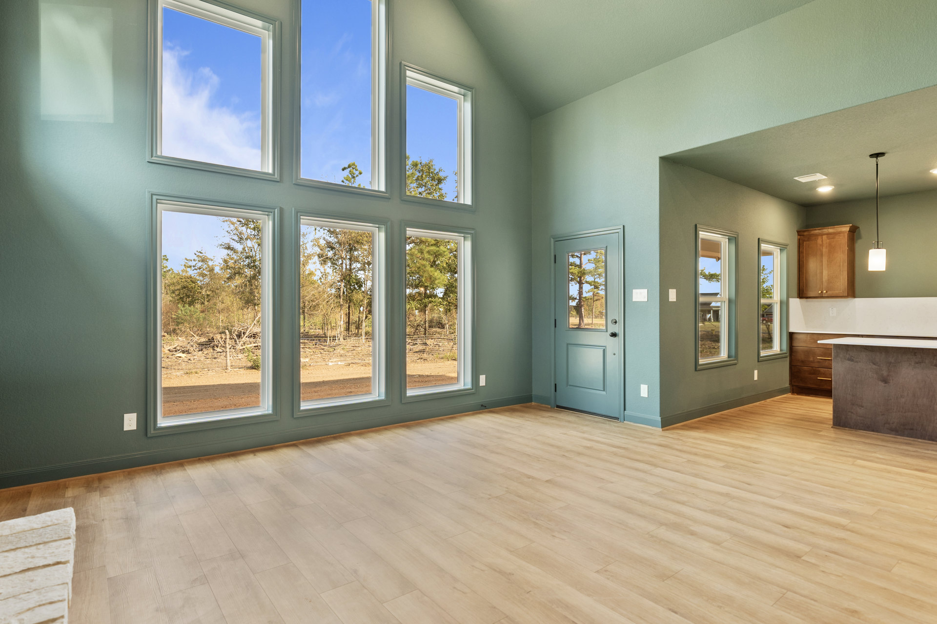 Spacious room featuring multiple large windows, blue door with glass panel, light wood flooring, wooden cabinet with shelf, views of trees, fence, and blue sky outside