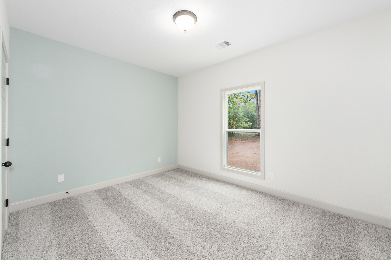 White carpeted room with a ceiling light fixture, white walls, a window showing green trees outside, and a white door with black hinges