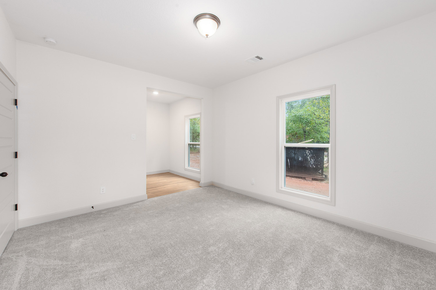 Carpeted room with white-framed window overlooking trees, light fixture on ceiling, and wood laminate flooring near doorway