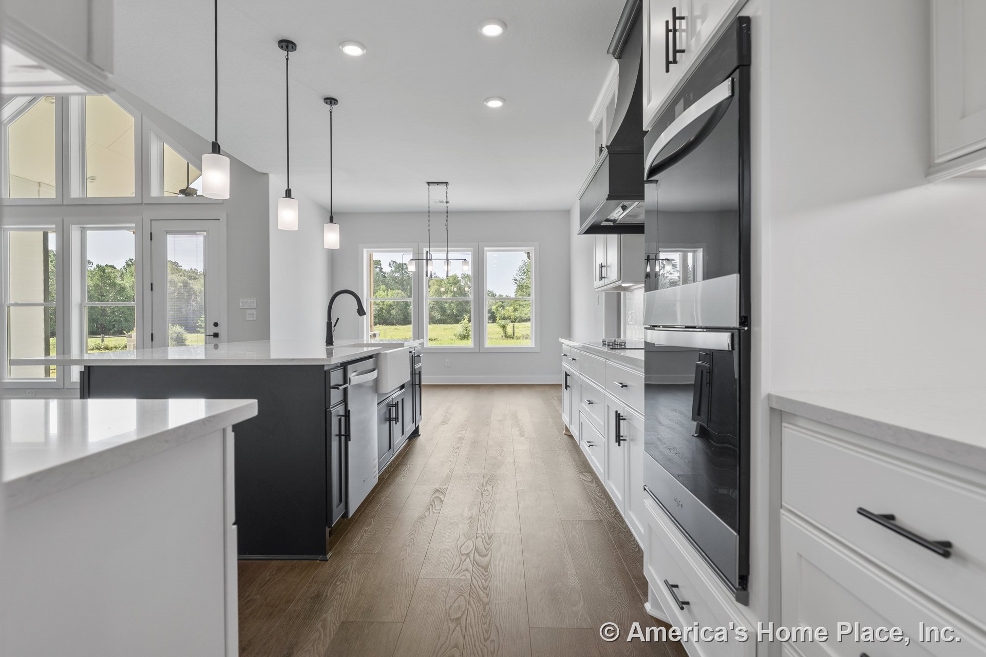 White kitchen with quartz countertops, farmhouse sink, black hardware, built-in oven, wide plank wood flooring, large windows, recessed ceiling lights, pendant lighting, and a