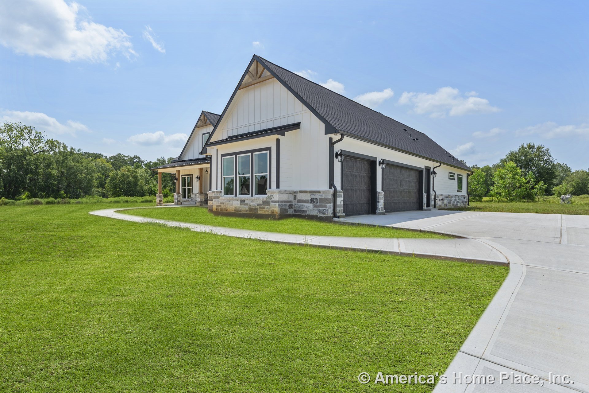 Modern farmhouse exterior with stone foundation trim, board and batten siding, three-car garage doors, covered front porch, black roof shingles, and large windows.