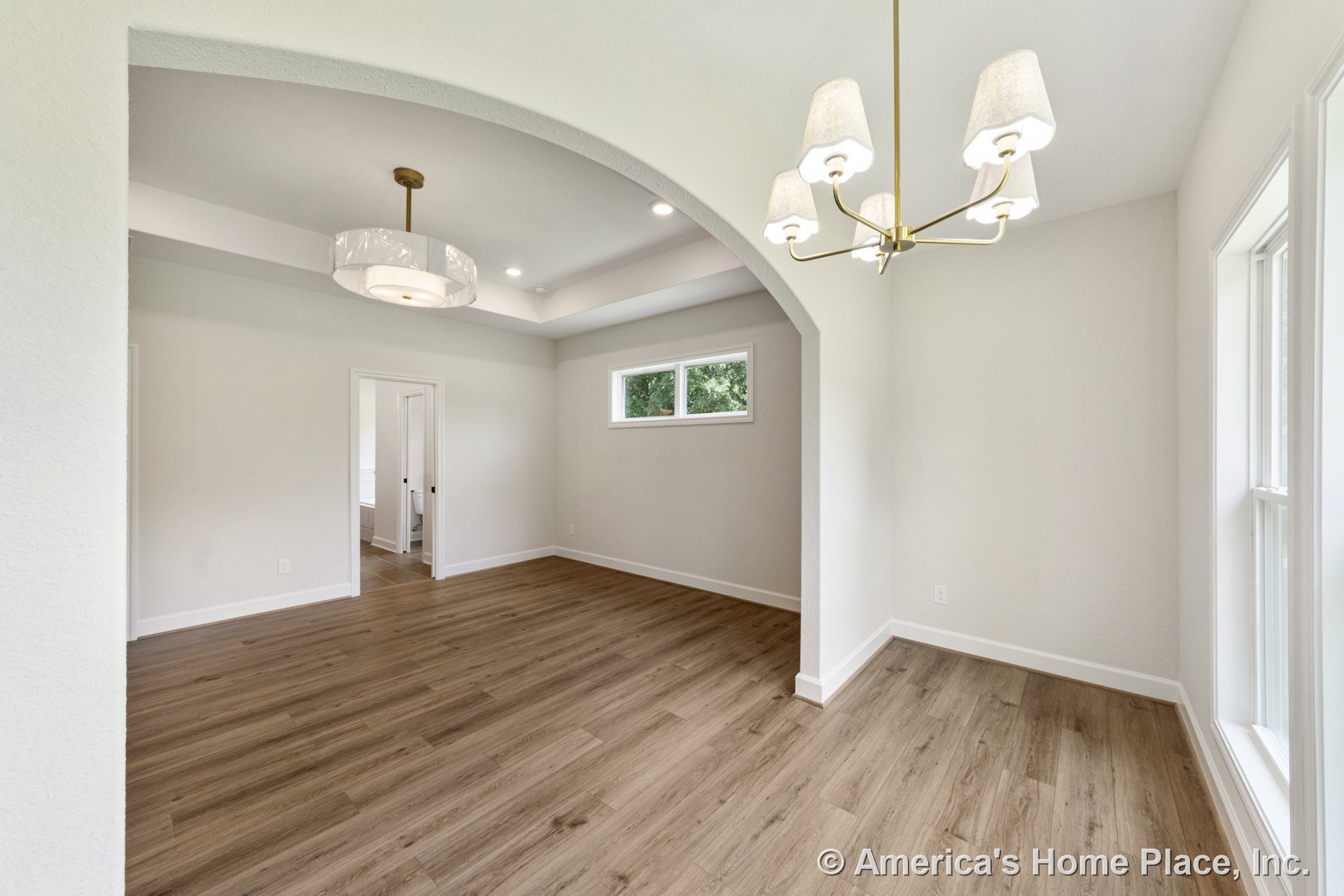 Arched entry leads to dining area with tray ceiling, recessed lighting, modern chandelier, large double windows, wood-look plank flooring, white baseboards, and neutral walls in an