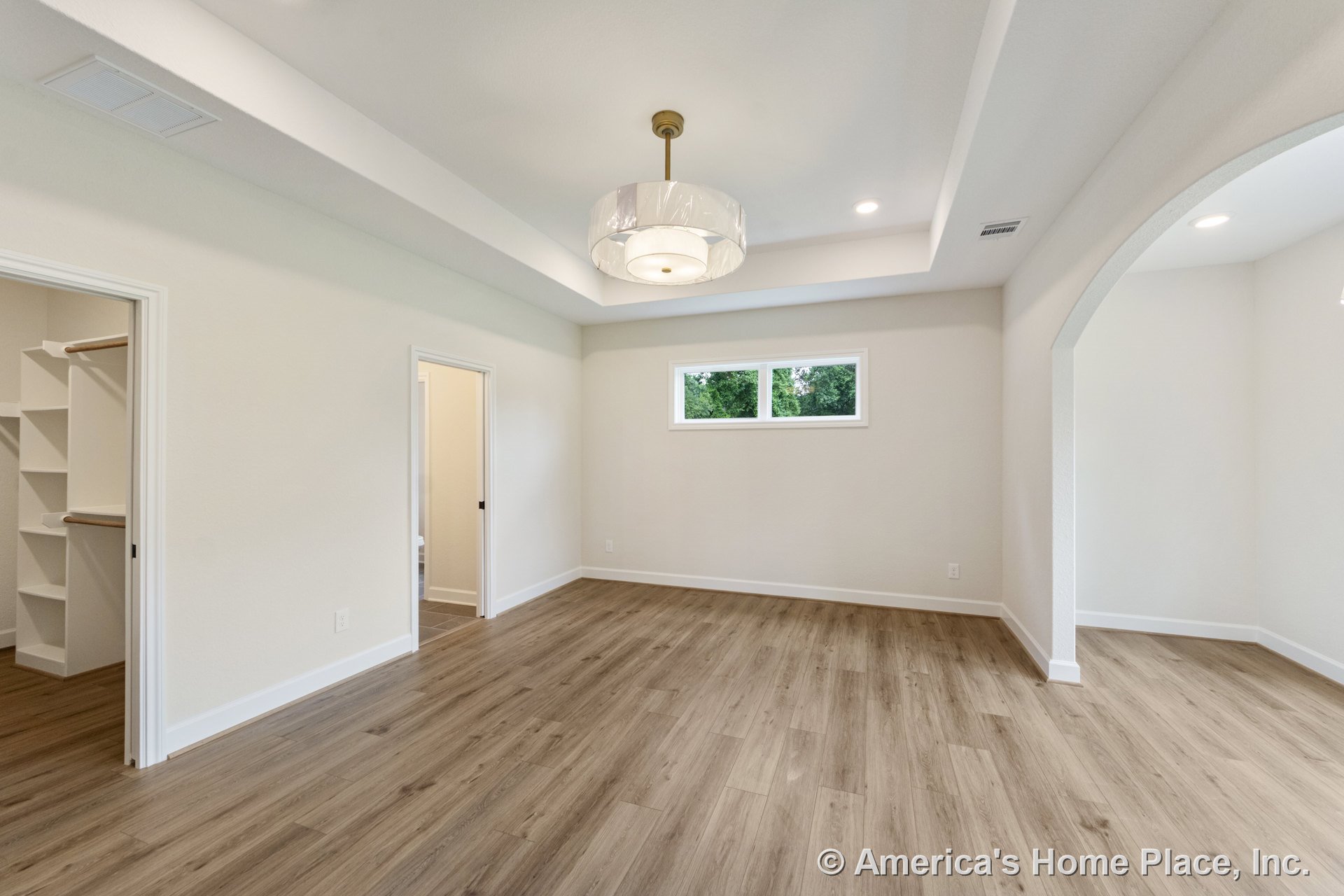 Tray ceiling with recessed lighting and modern pendant fixture, double window with white trim, walk-in closet featuring built-in shelving, arched doorway, light wood-look plank