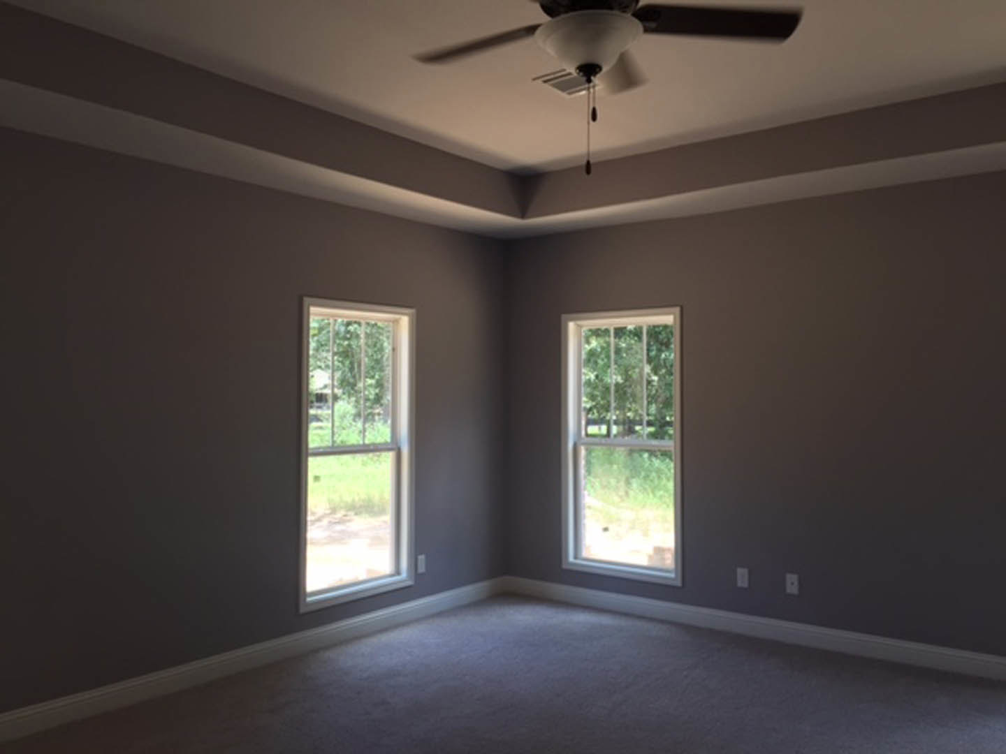 Bright room with large windows overlooking grassy field, white walls with corner molding, ceiling fan with light fixture, and natural daylight illuminating interior.