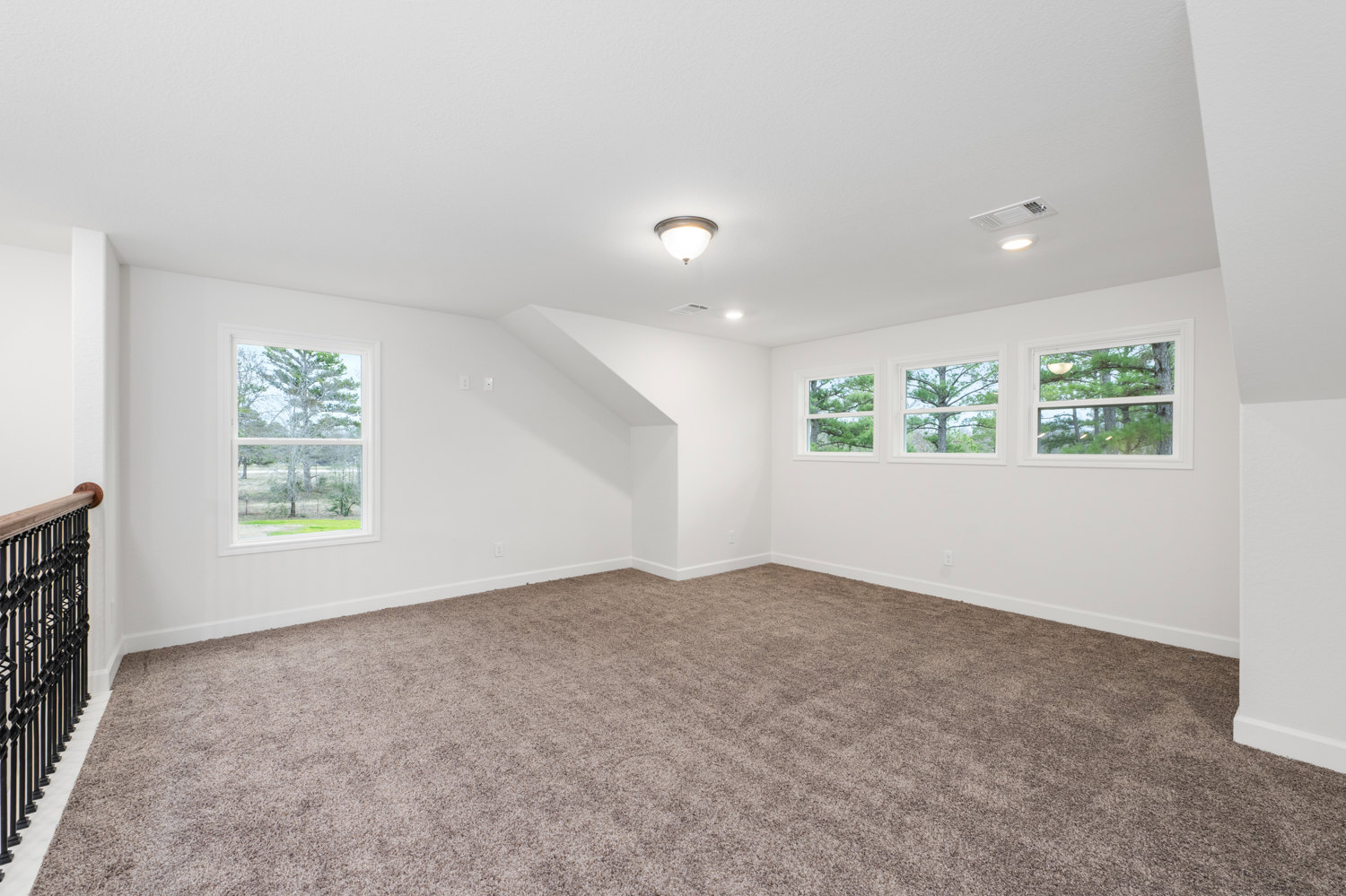 Spacious carpeted room with large windows overlooking trees, white plaster walls, and ceiling-mounted light fixture
