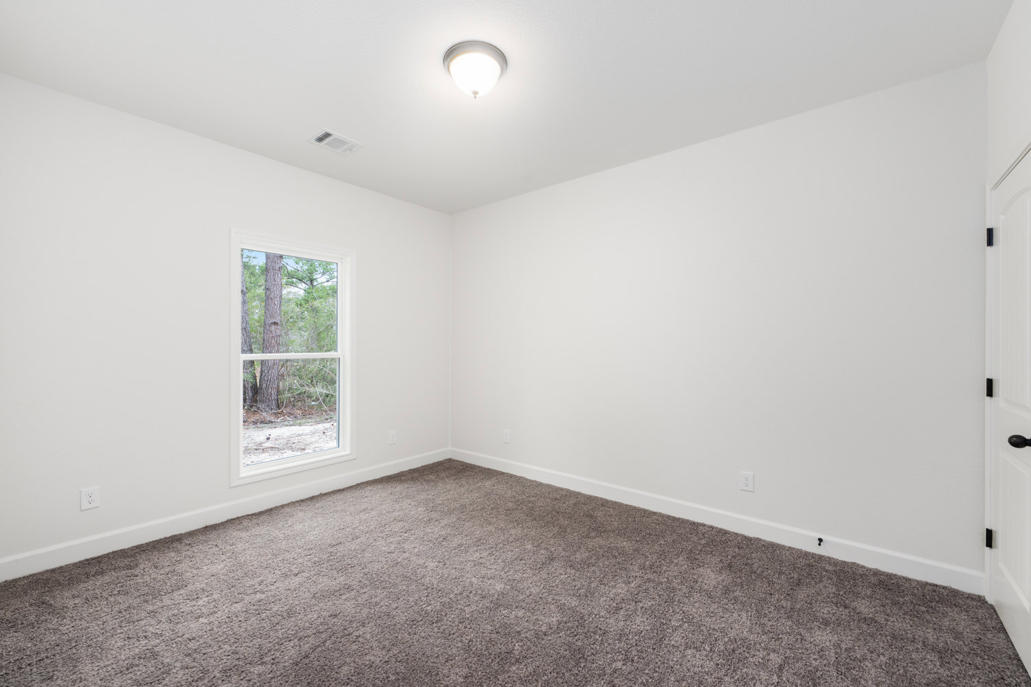 Neutral-toned carpeted room with white walls, large window overlooking leafy trees, and modern ceiling light fixture