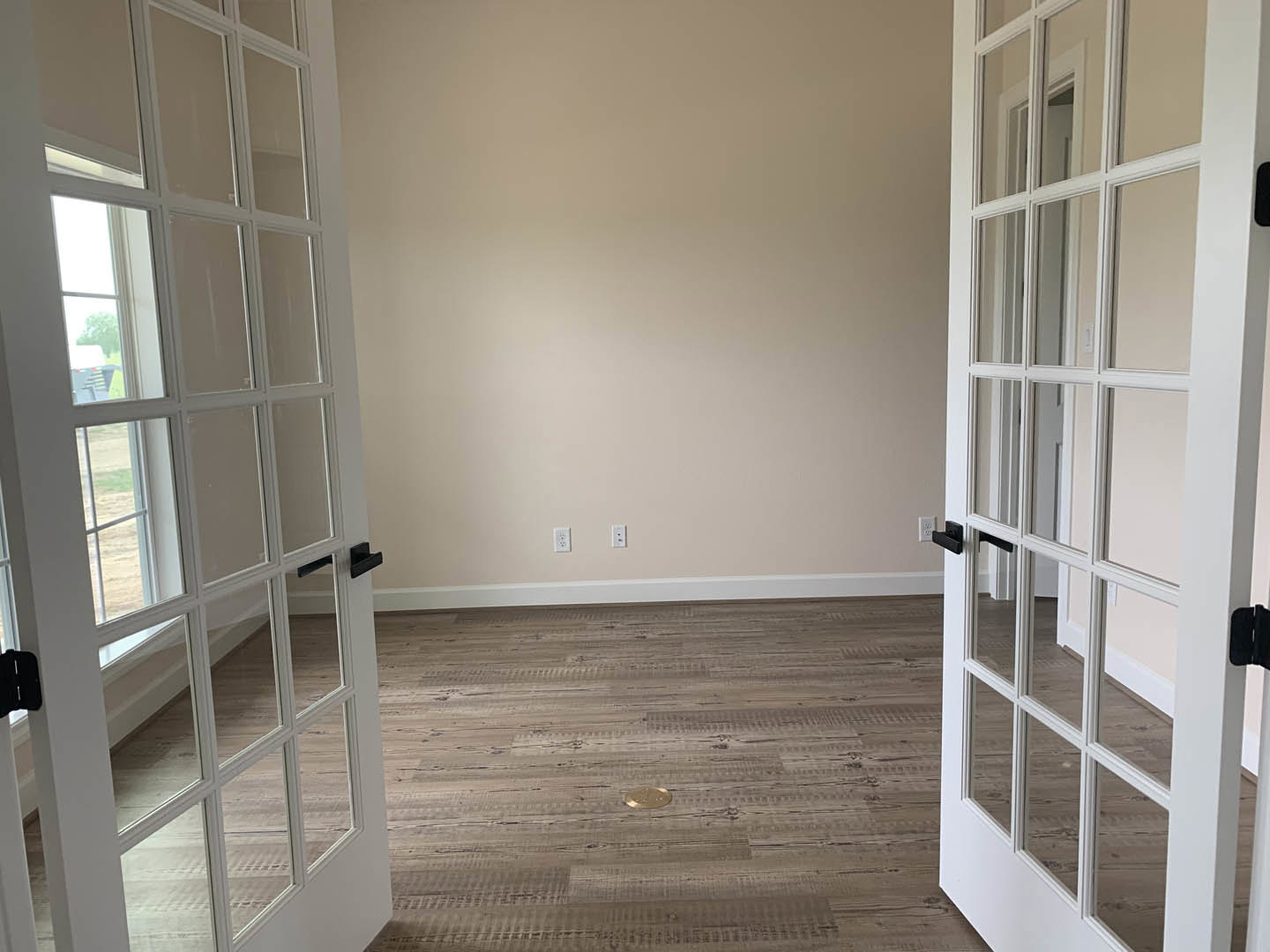 White paneled doors with glass inserts, wood flooring, white plaster walls, black accent door, circular object on floor, tree visible through window.