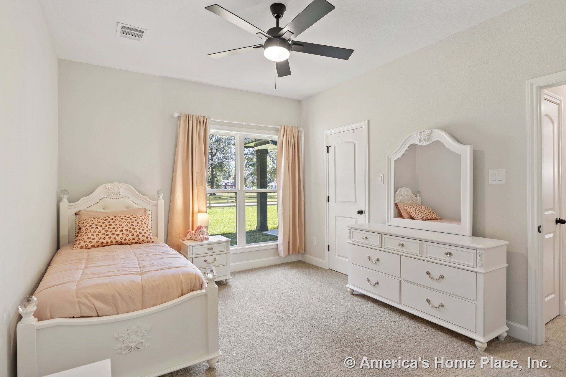 Bedroom with large trimmed window, ceiling fan and integrated light, carpet flooring, white paneled doors, neutral wall paint, and built-in window sill.