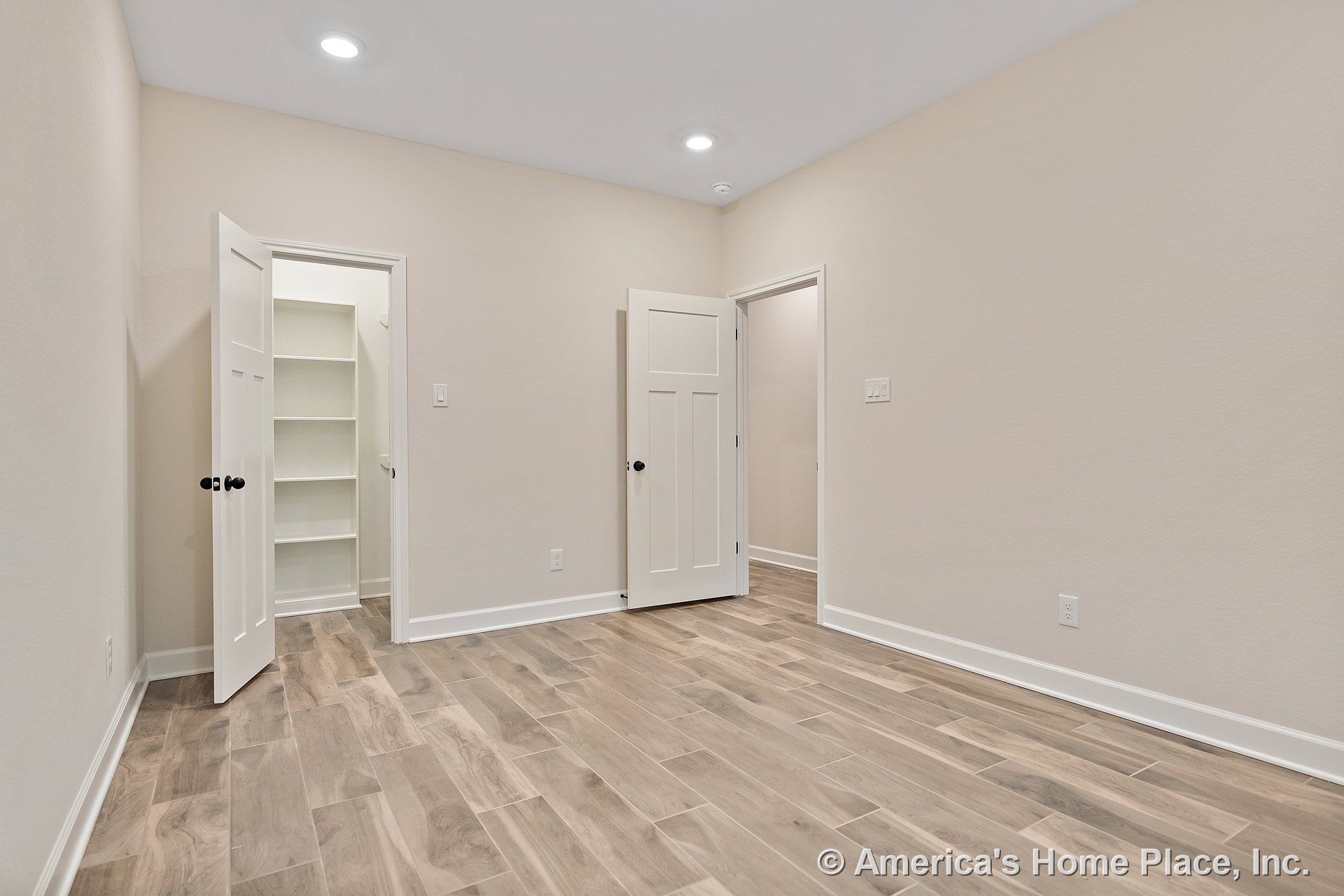 Bedroom with wood-look tile flooring, recessed ceiling lights, walk-in closet featuring built-in shelving, white trim and baseboards, paneled interior doors, and neutral wall