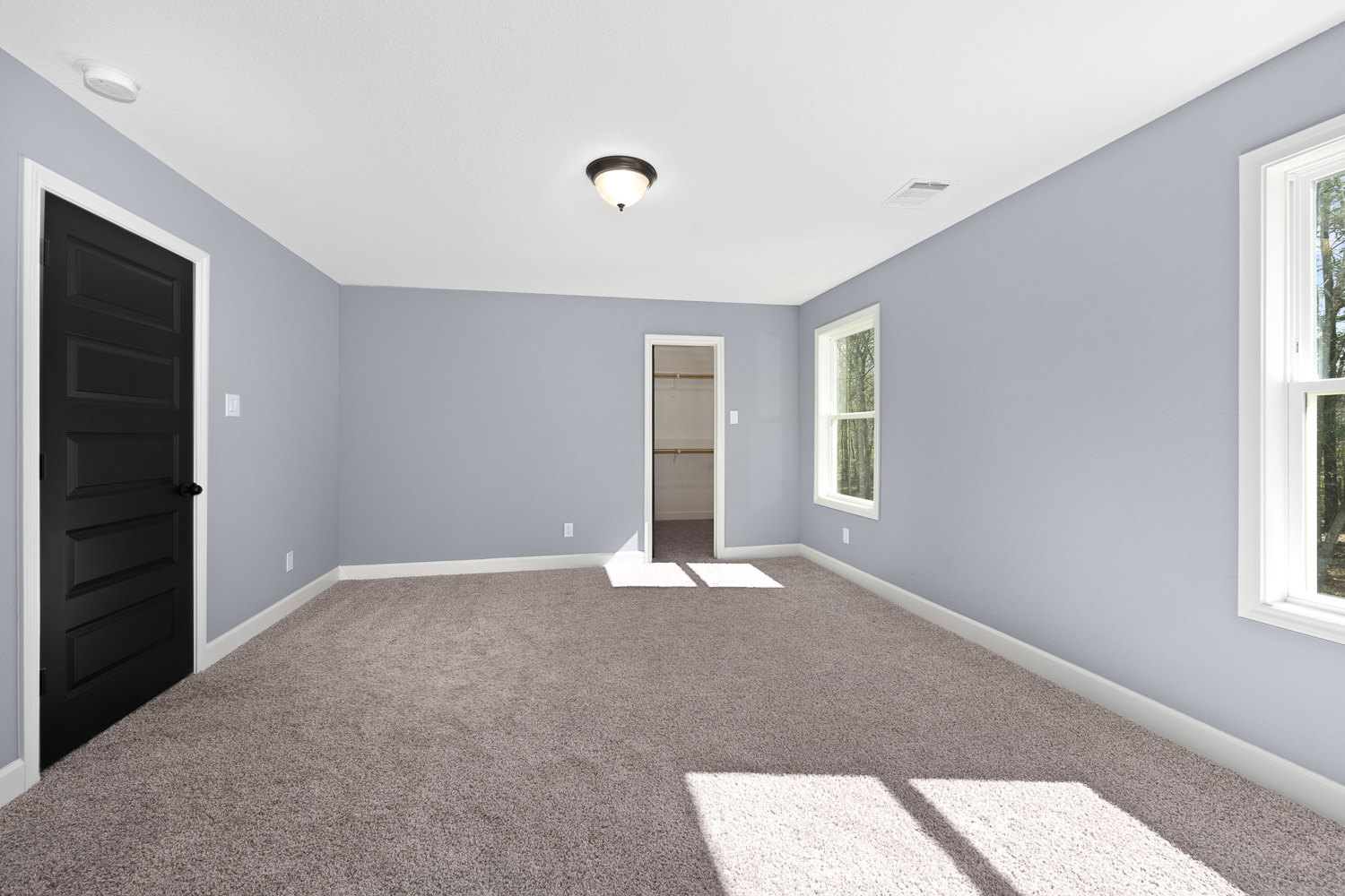 Bedroom with light gray walls, white baseboards, black paneled door, white-framed window, ceiling-mounted light fixture, and built-in closet.