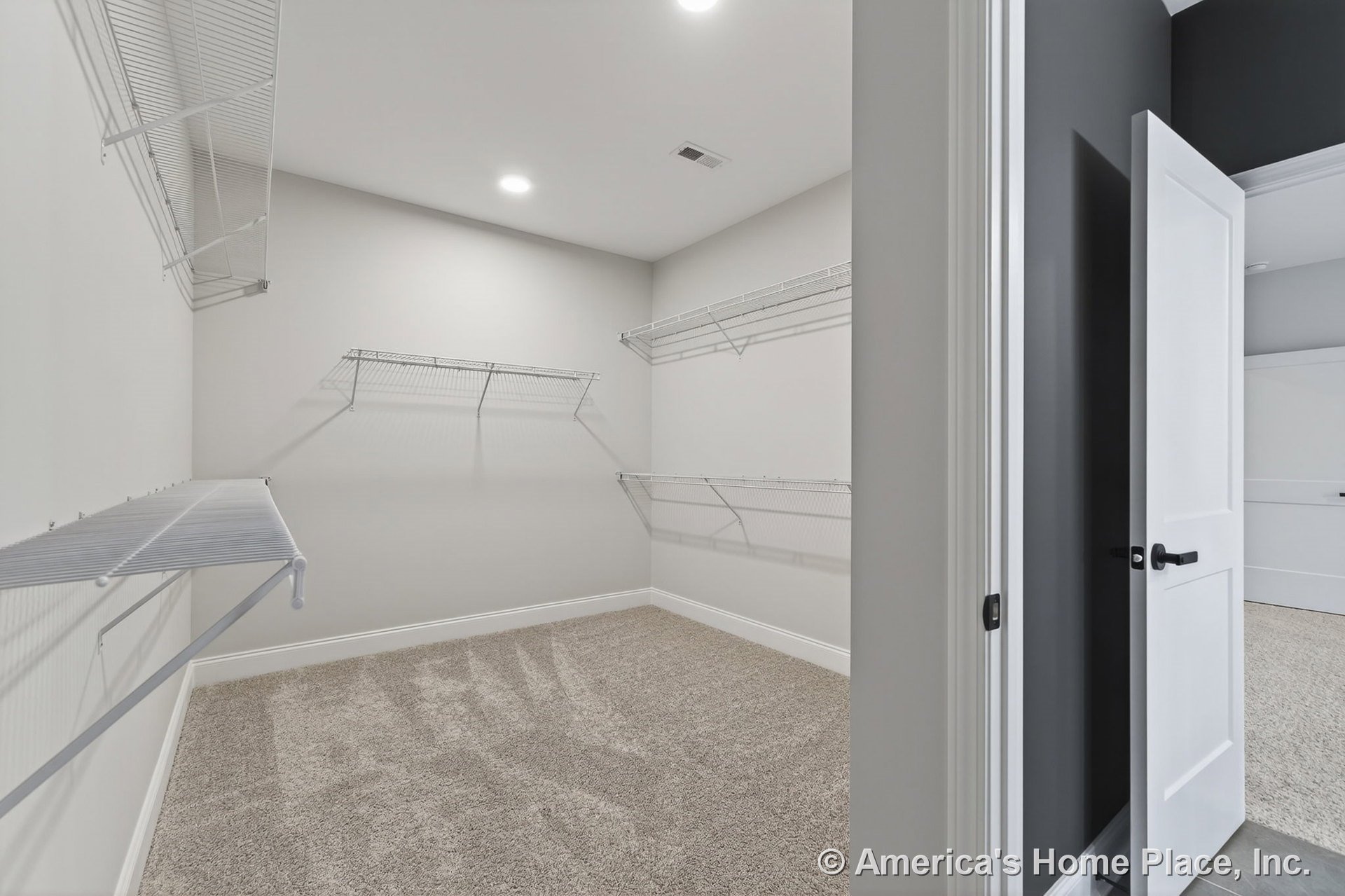 Walk-in closet with built-in wire shelving units, carpet flooring, white trim, recessed ceiling lights, neutral wall color, white interior door with black hardware, and ceiling