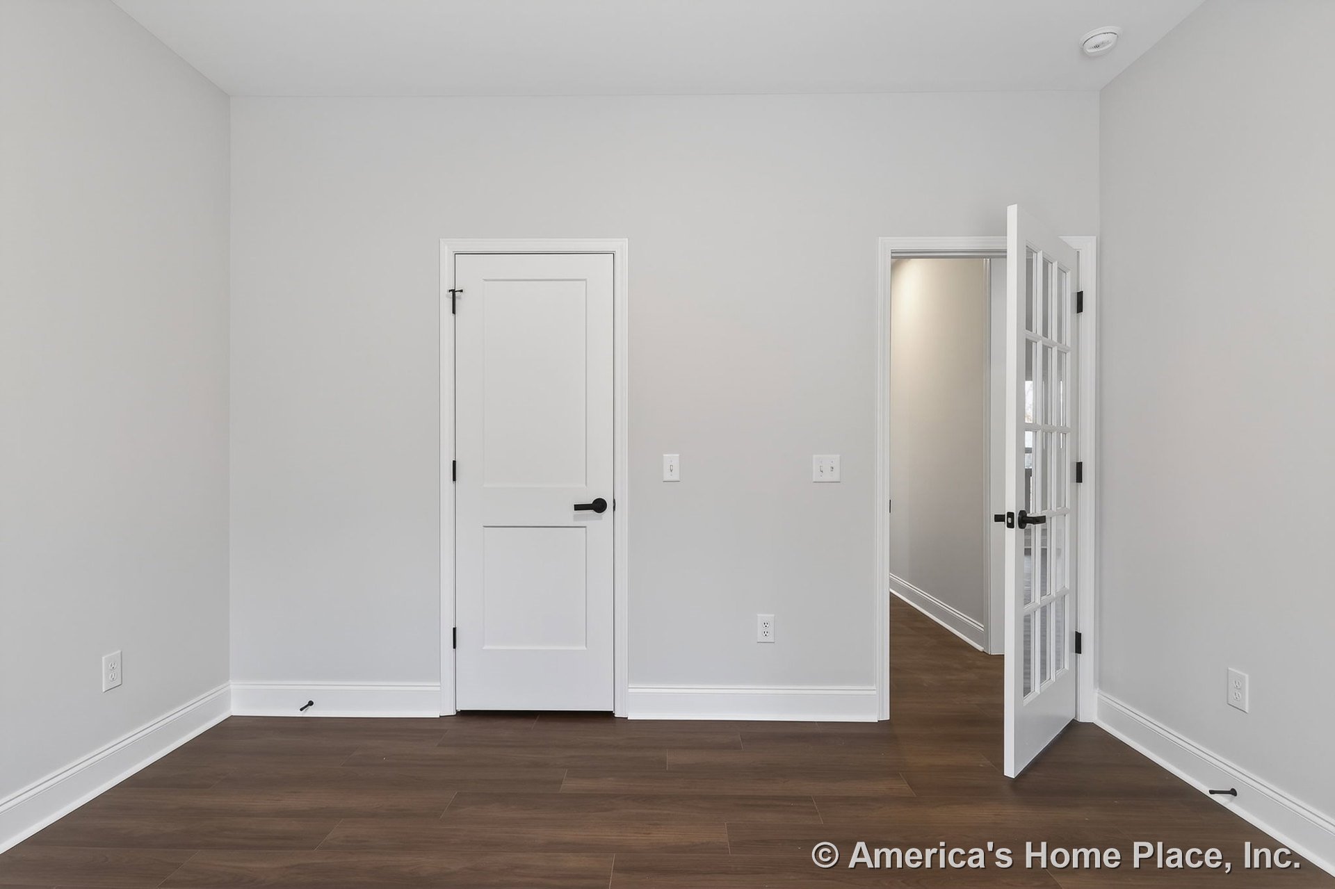 Wood-look plank flooring with white baseboards and trim, solid white interior door, glass-paneled door, neutral wall color, ceiling-mounted smoke detector, visible electrical