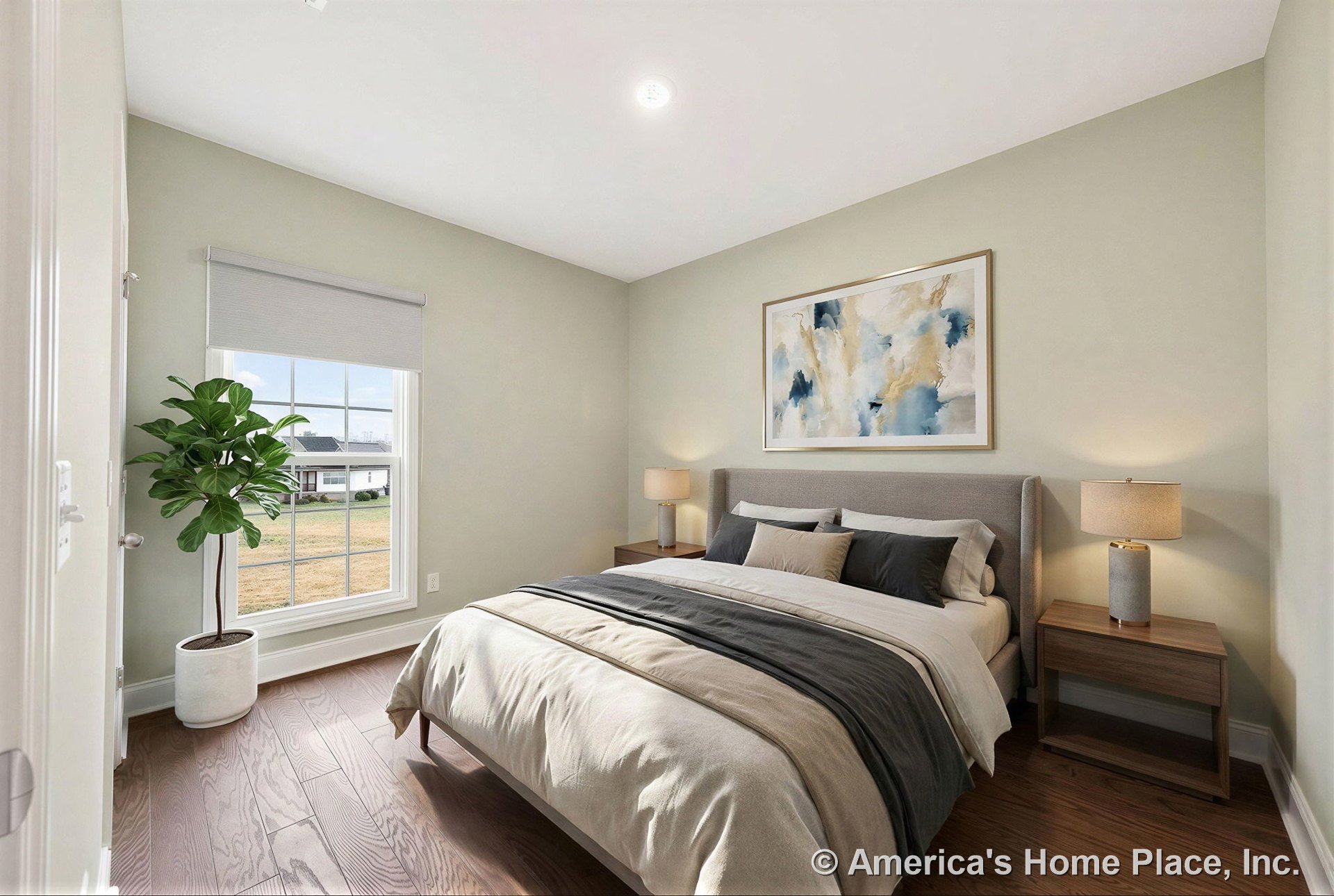 Bedroom with large window framed by white trim, hardwood flooring, neutral painted walls, recessed ceiling lighting, baseboard trim, and single panel door.